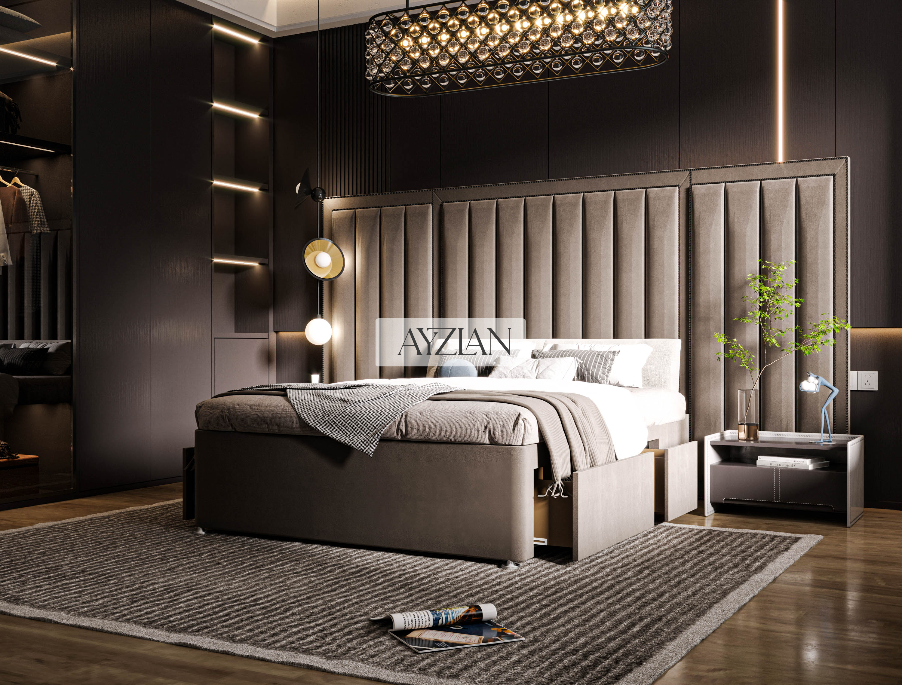 Godiva Wide Headboard Panelled Stripe Storage Drawer Divan Bed
