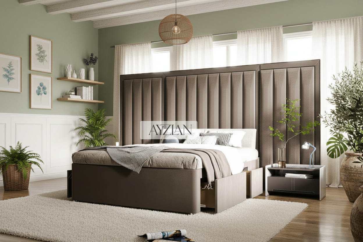 Godiva Wide Headboard Panelled Stripe Storage Drawer Divan Bed