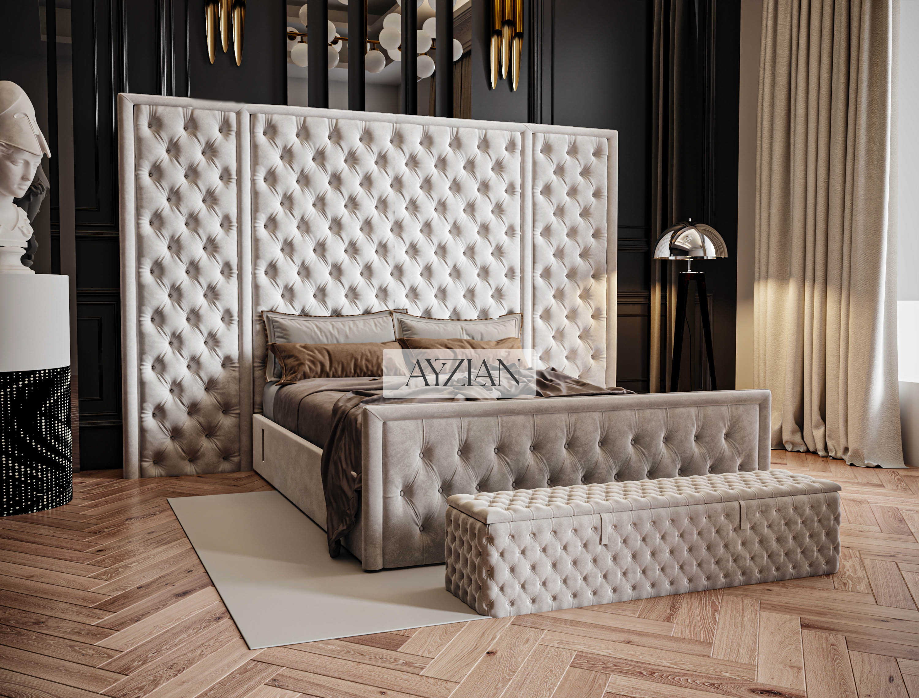 Stace Bumber Style Wide Headboard Fabric Chesterfield Bed