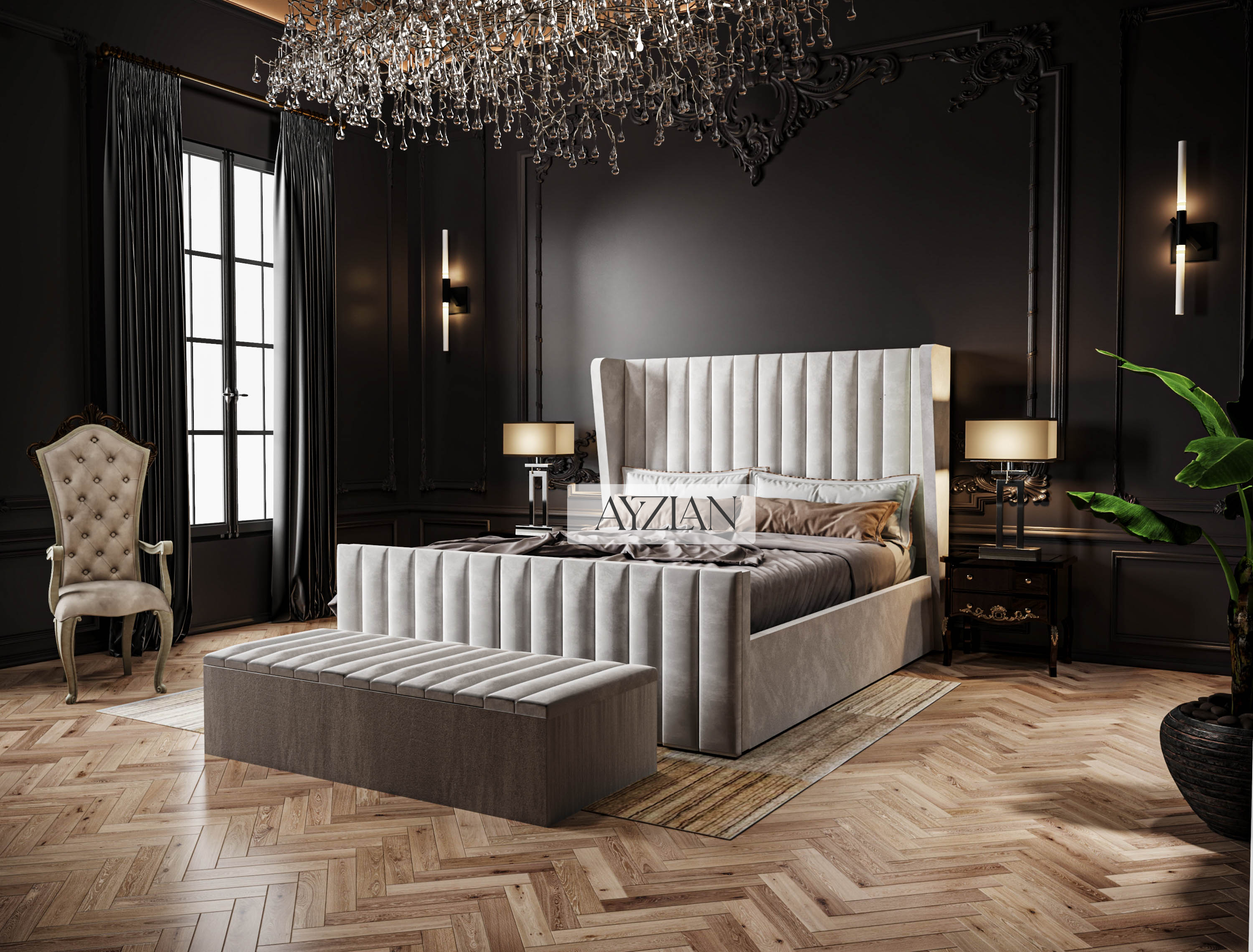 Curve Winged Dawn Stripe Panel Lined Bed