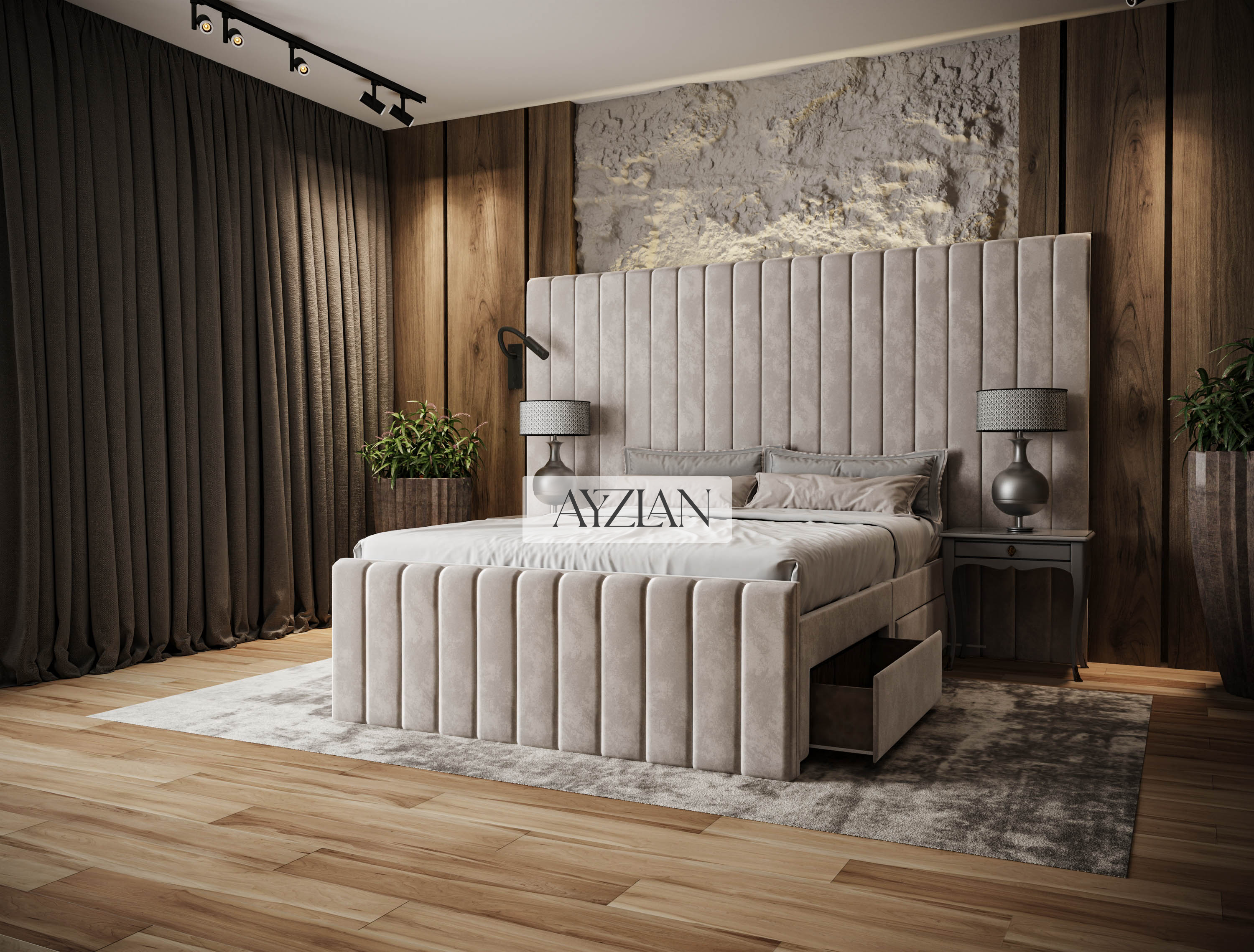 Merry Wide Headboard Panelled Stripe Storage Divan Drawer Bed