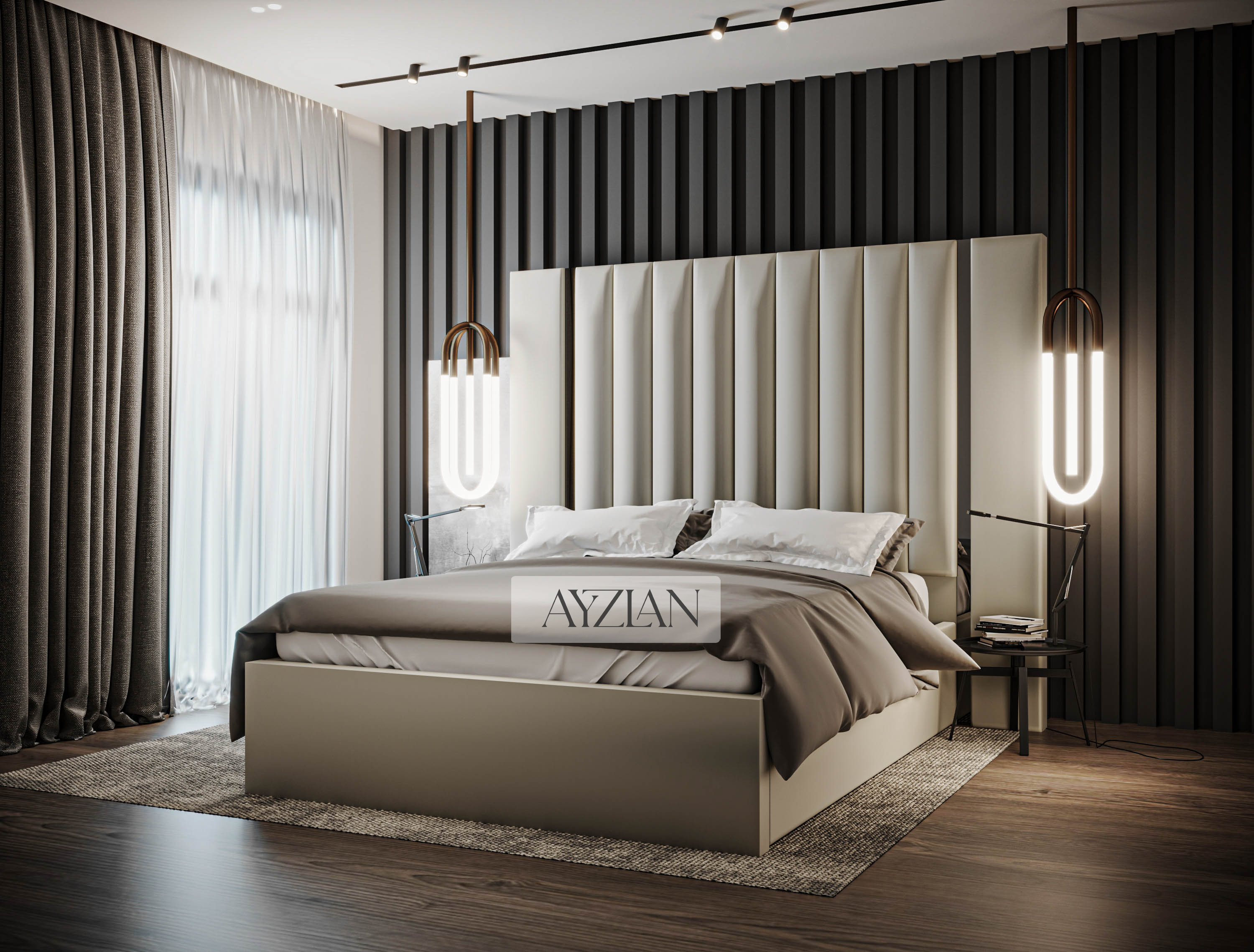 Arden Wide Extended Headboard Mirror Stripe Panelled Bed