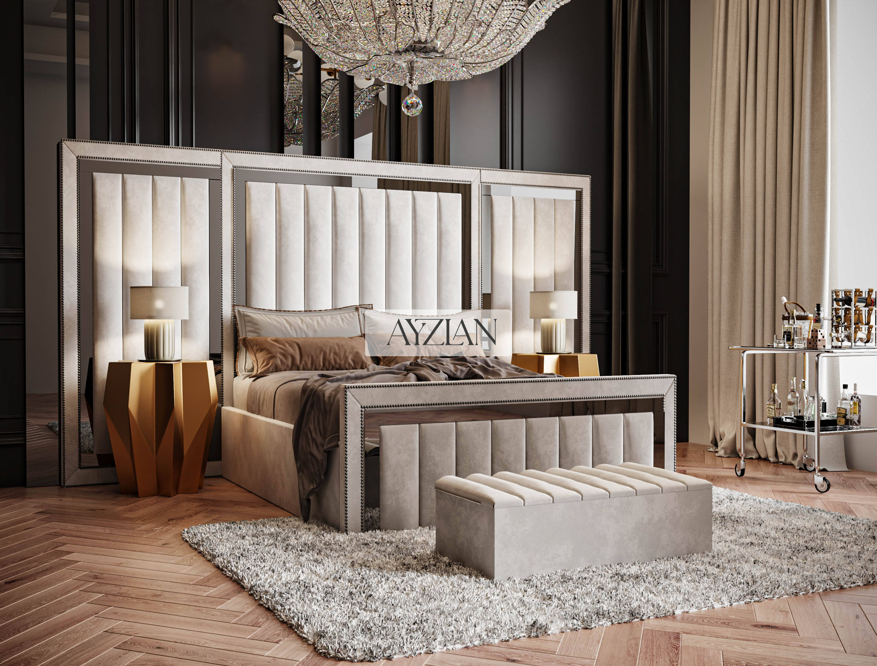 Madison Wide Extended Headboard Mirror Stripe Panelled Bed
