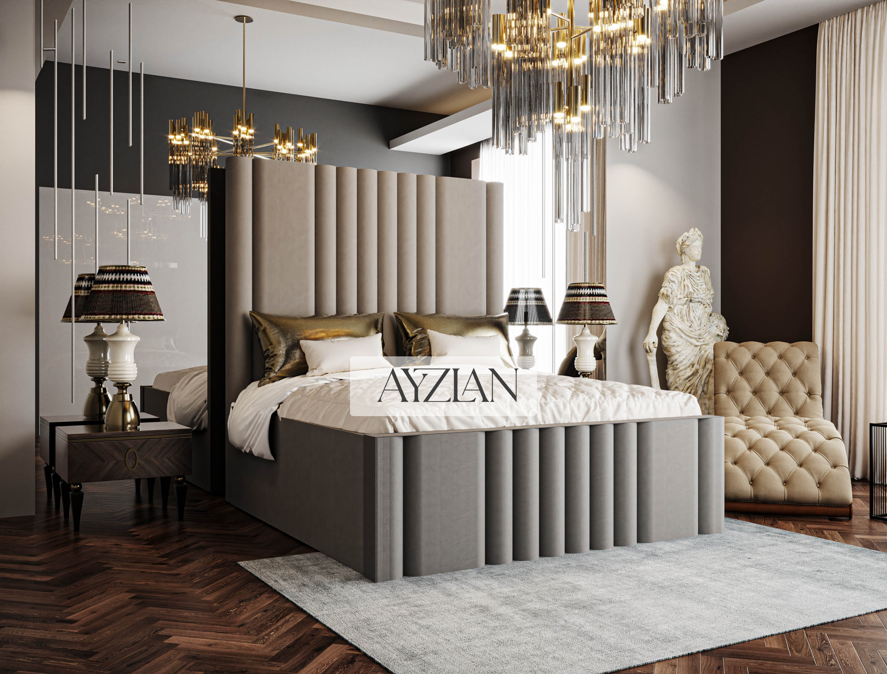 Bentley Wide Headboard Panelled Stripe Bed