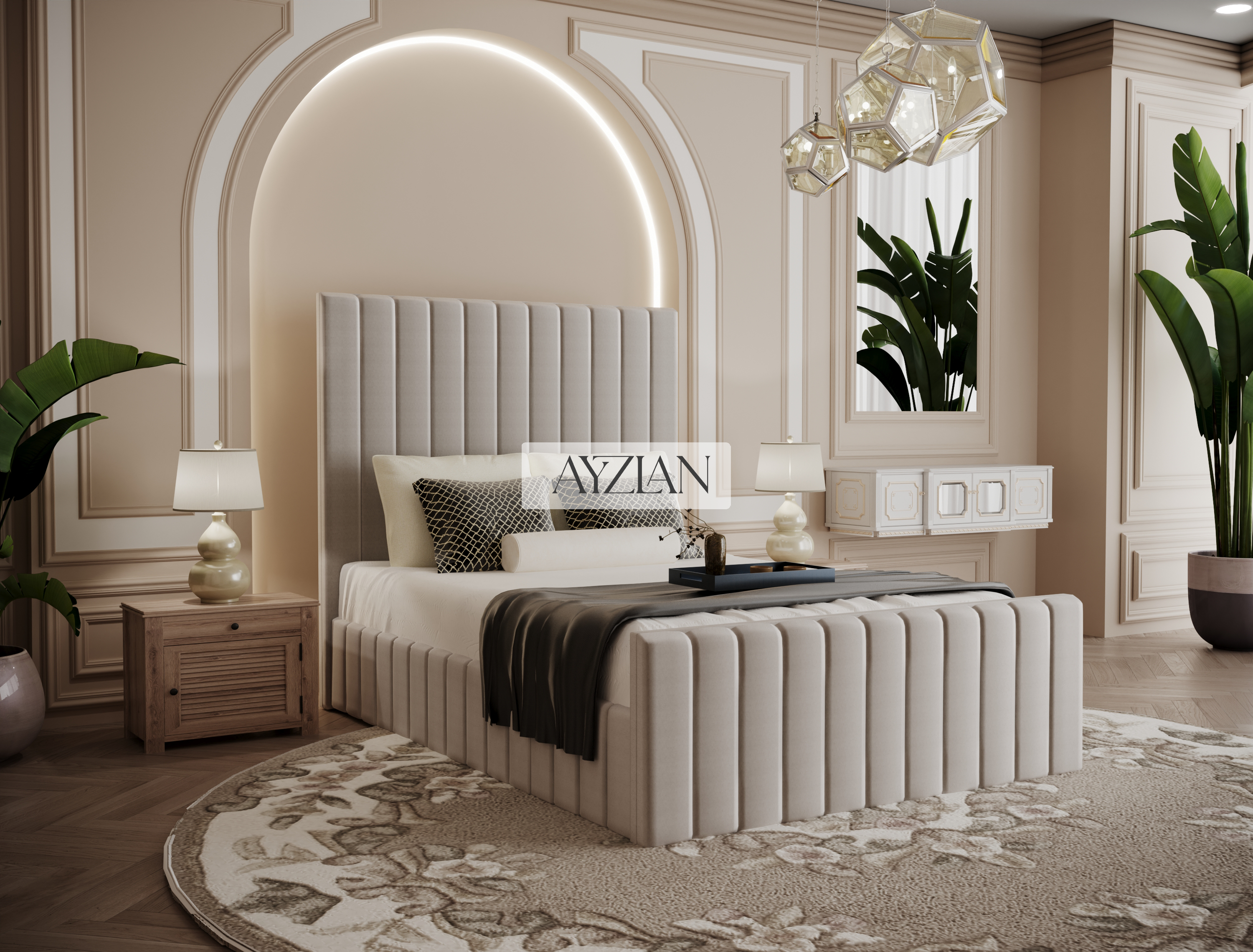 Merry Wide Headboard Panelled Stripe Bed