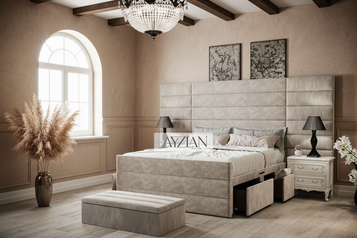 Willow Wide Headboard Upholstered Line Panel Storage Divan Drawer Bed