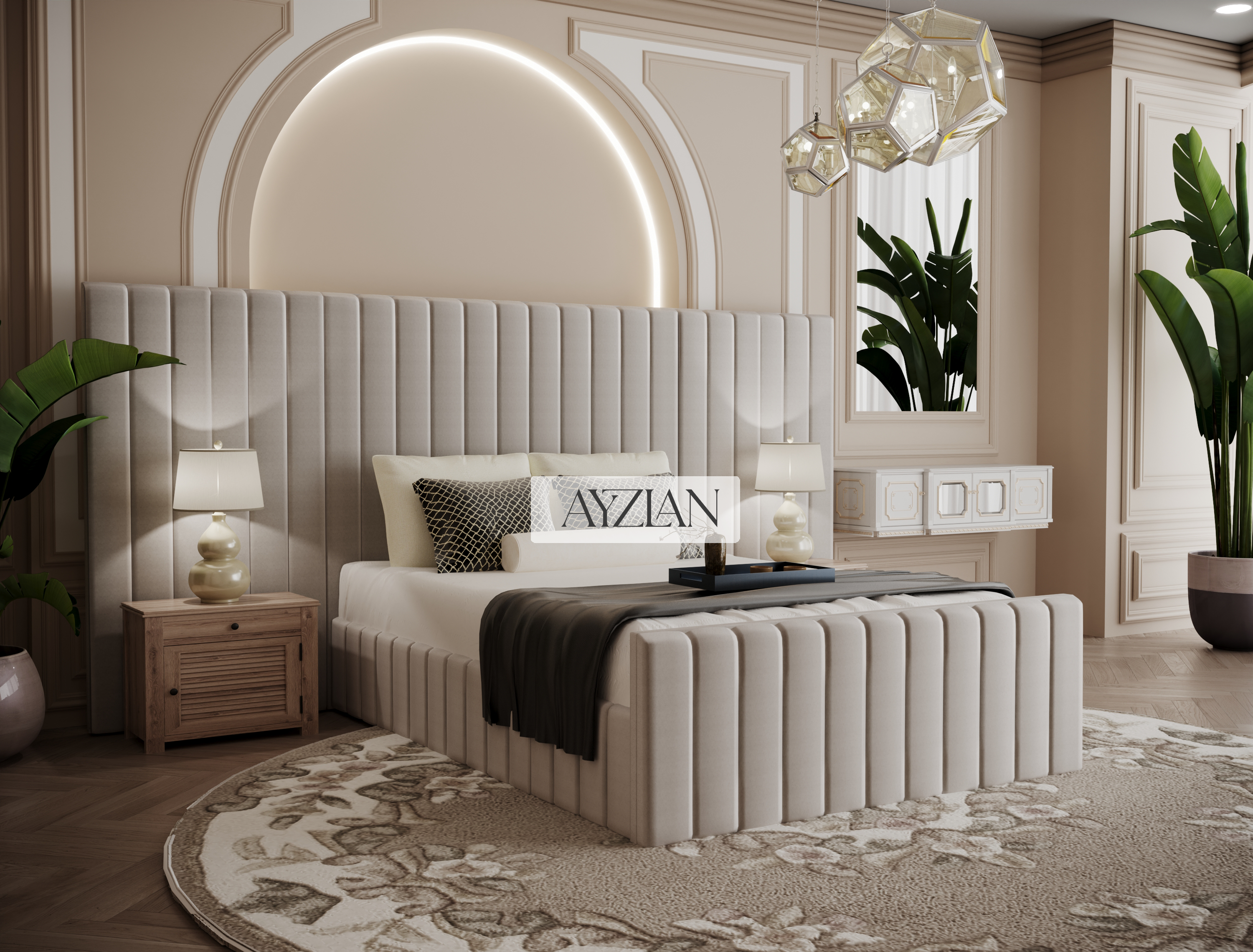 Merry Wide Headboard Panelled Stripe Bed