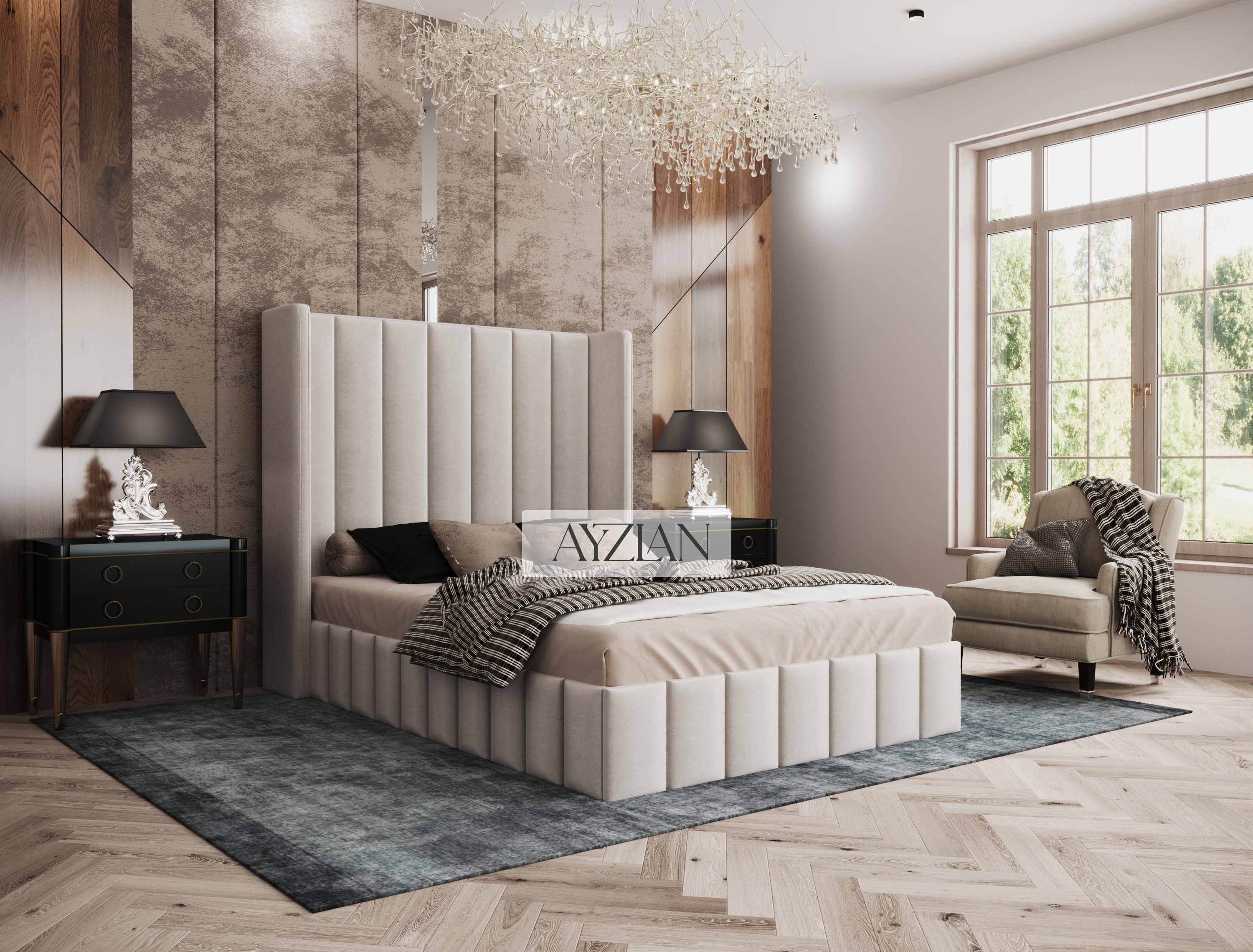 Walden Tall Headboard Winged Stripe Bed