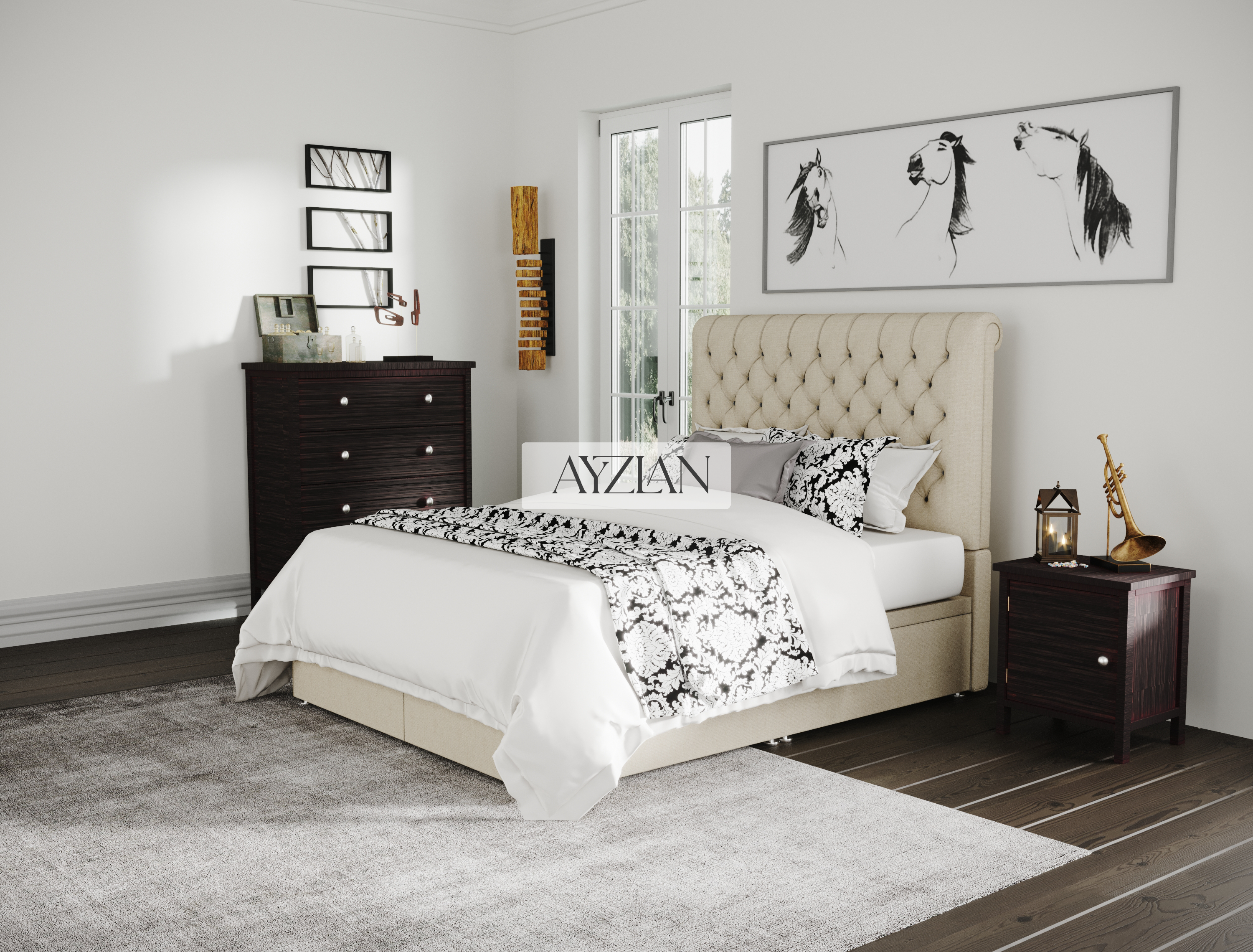 Lennon Chesterfield Sleigh Scroll Divan Ottoman Storage Bed