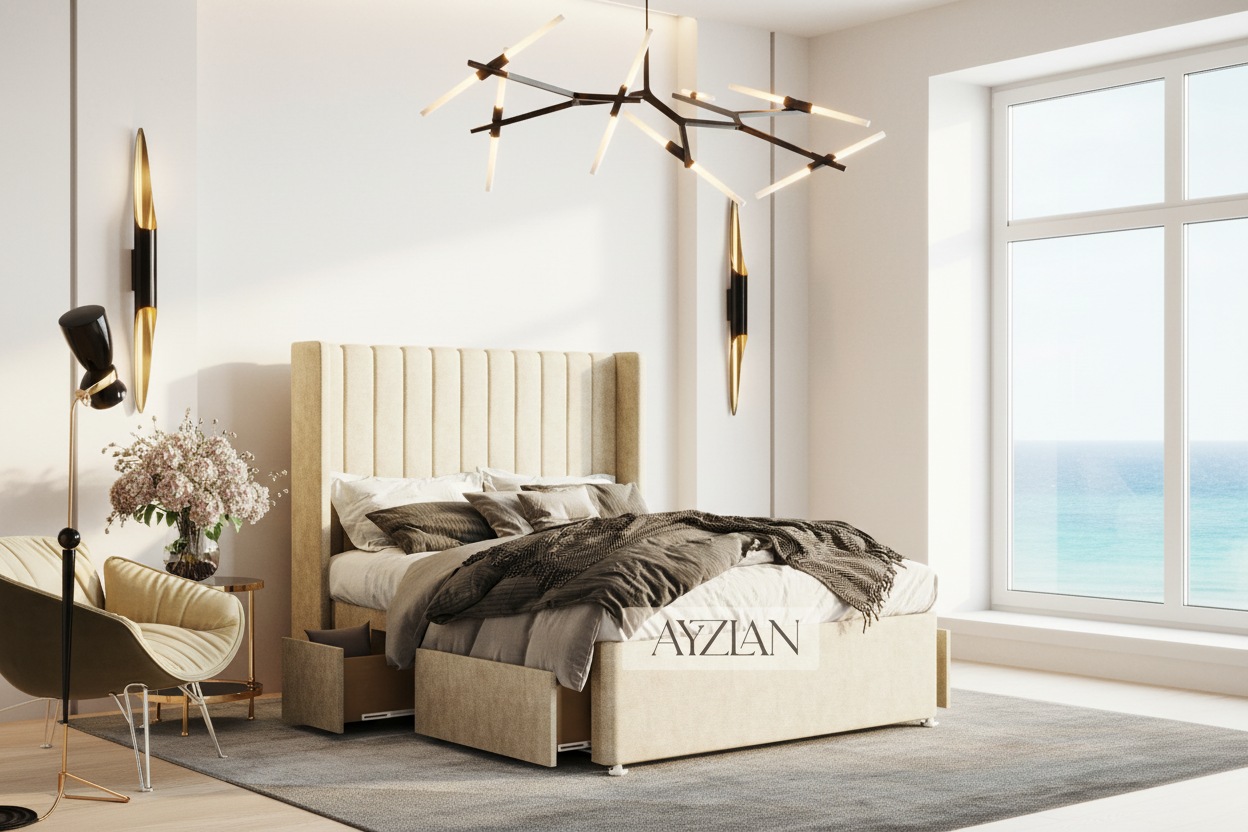 Grammy Stripe Winged Divan Drawer Storage Bed