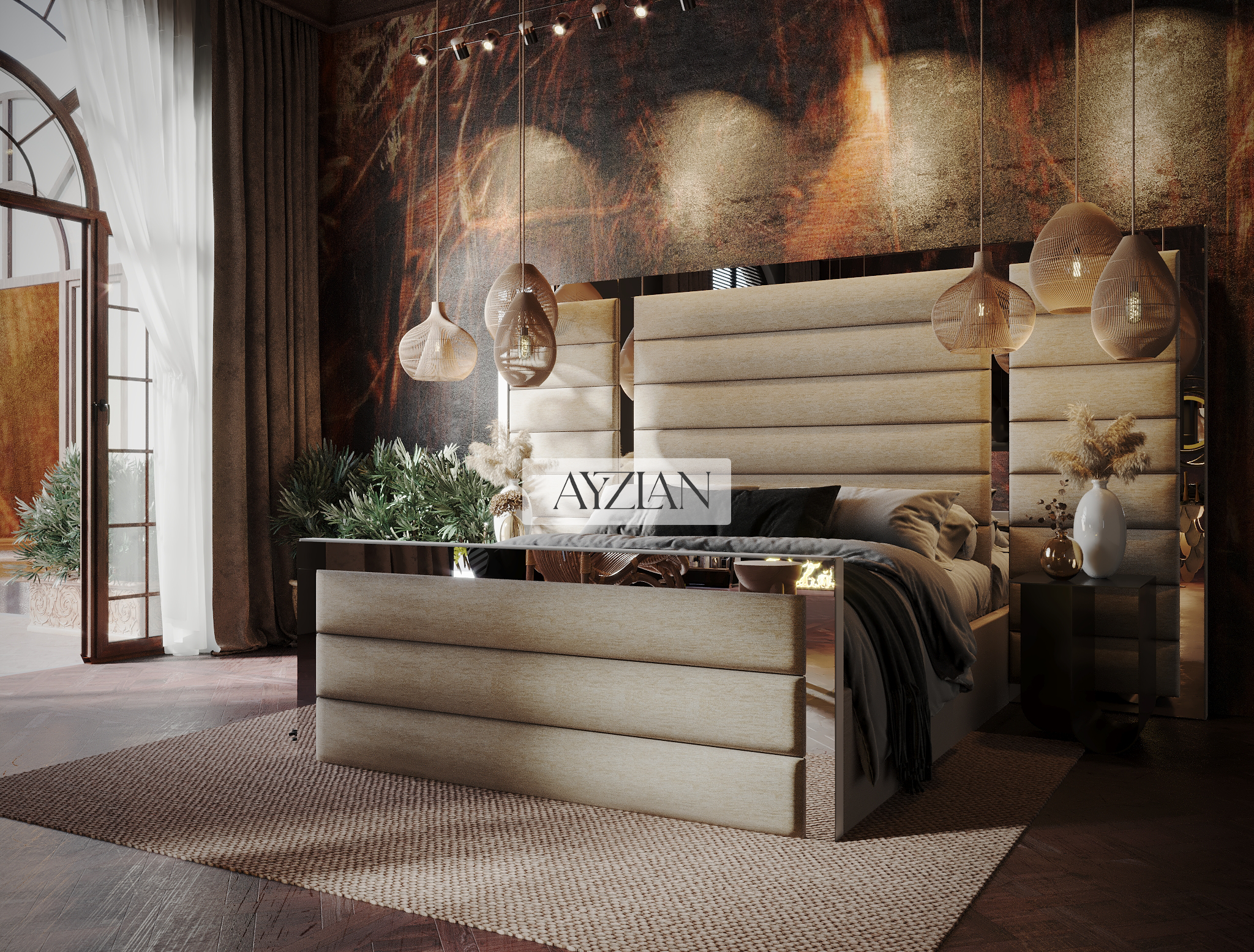 Devon Wide Extended Headboard Mirror Stripe Line Panelled Bed