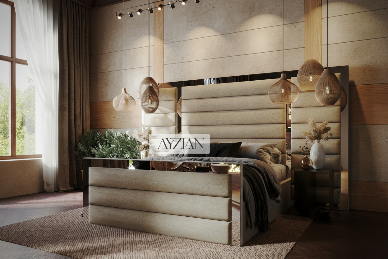 Devon Wide Extended Headboard Mirror Stripe Line Panelled Bed