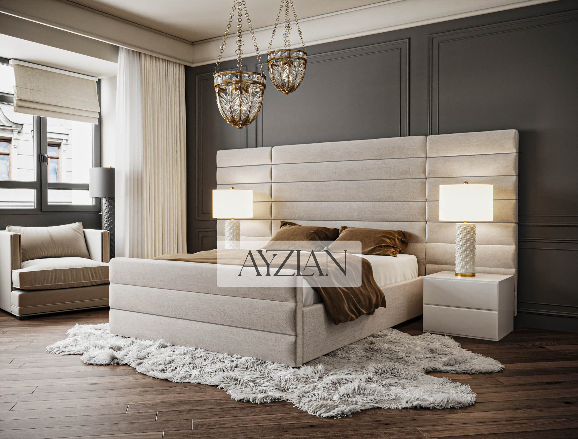 Alfie Wide Headboard Upholstered Line Panel Bed