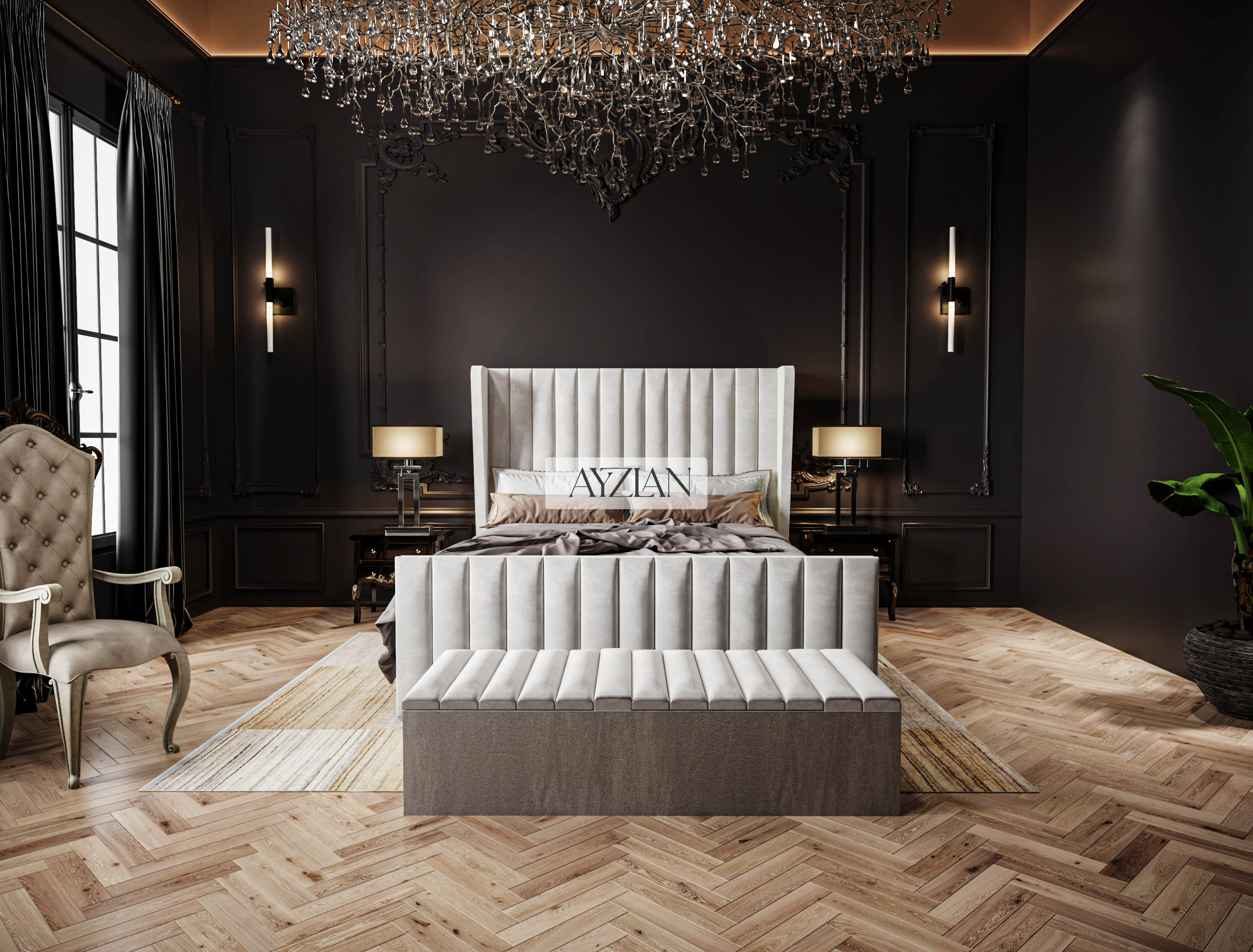 Curve Winged Dawn Stripe Panel Lined Bed