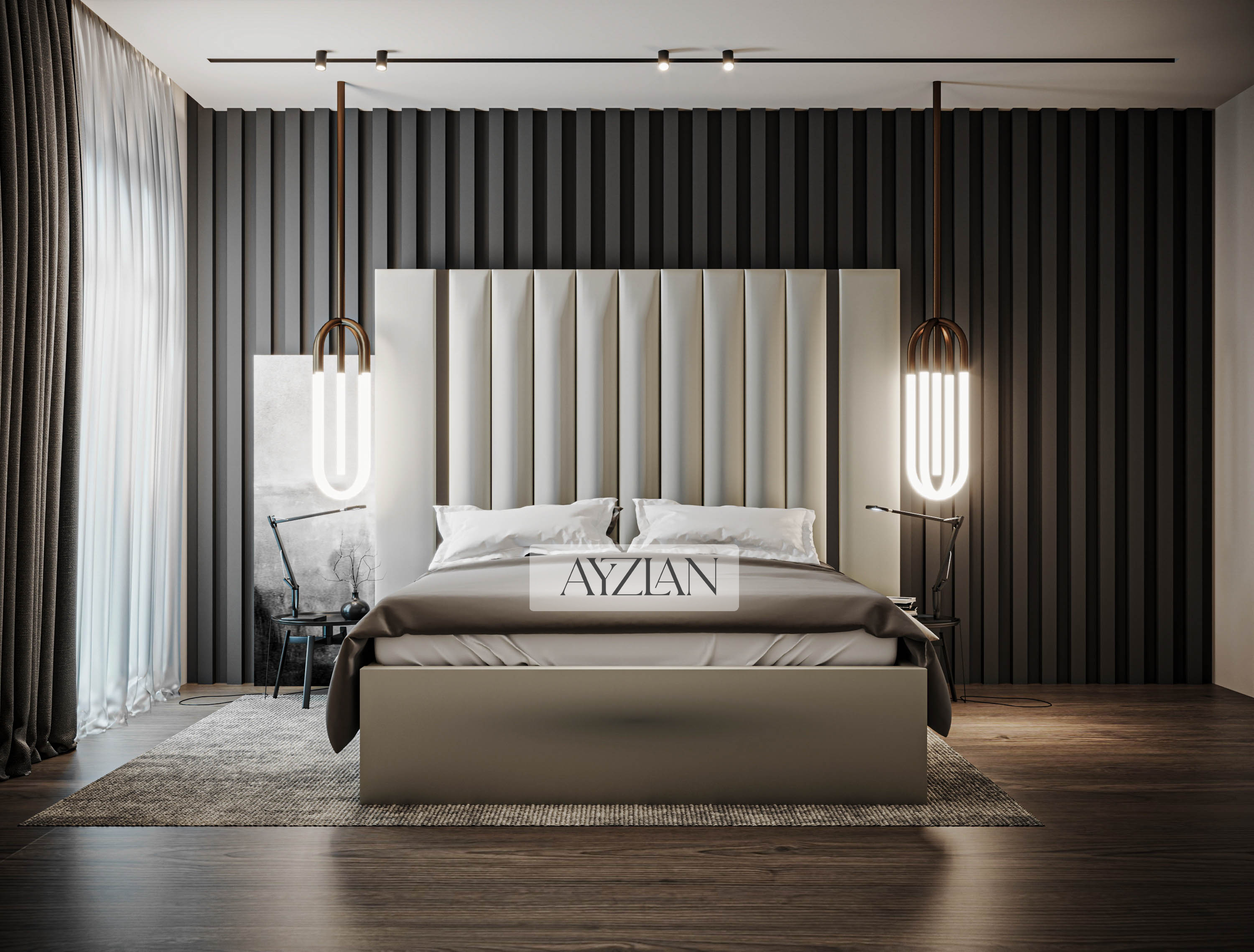 Arden Wide Extended Headboard Mirror Stripe Panelled Bed