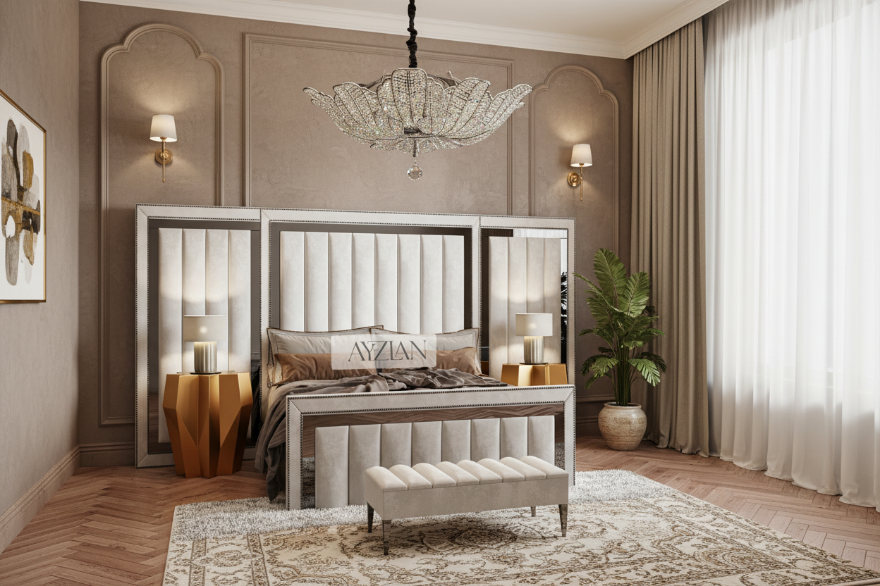 Madison Wide Extended Headboard Mirror Stripe Panelled Bed