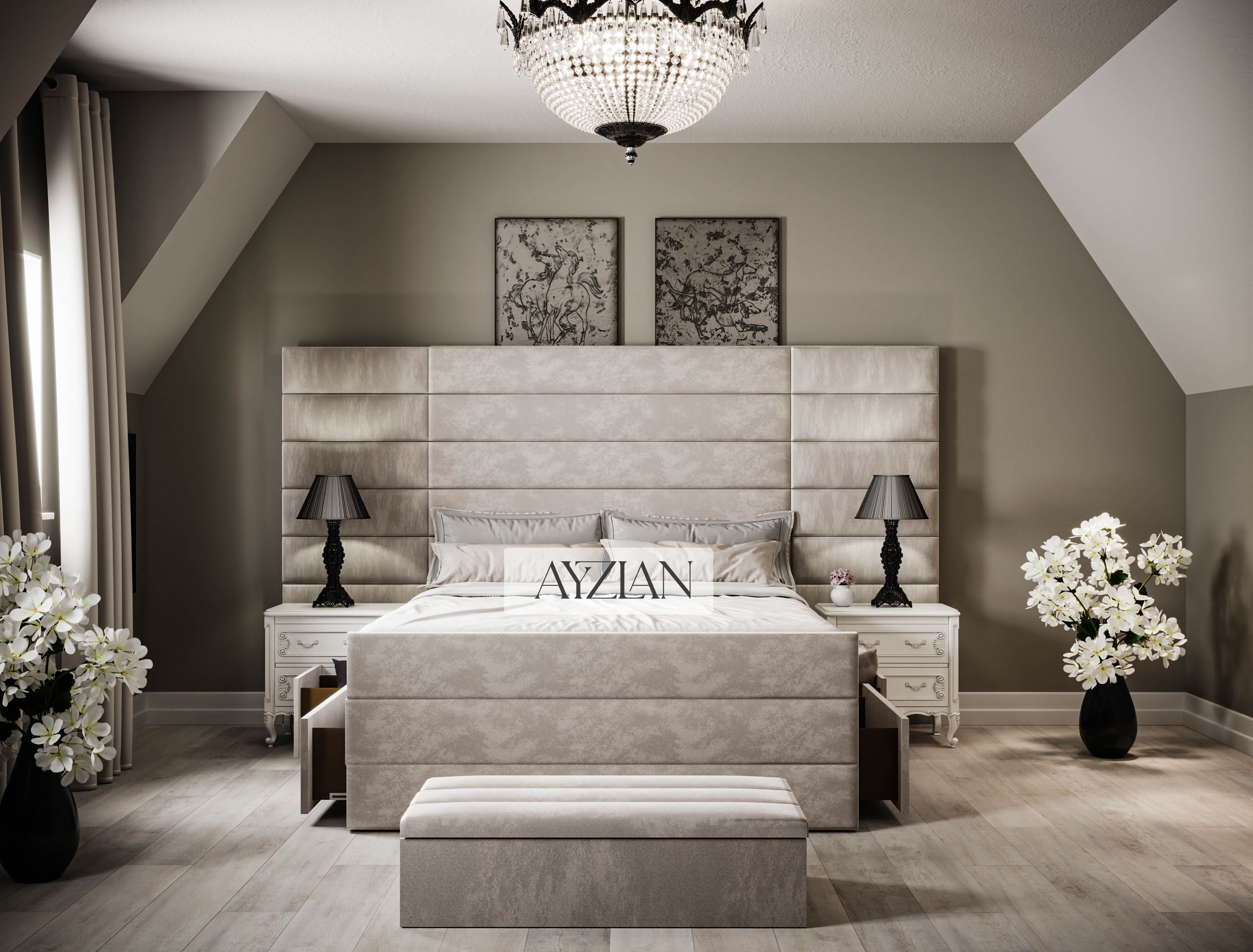 Willow Wide Headboard Upholstered Line Panel Storage Divan Drawer Bed