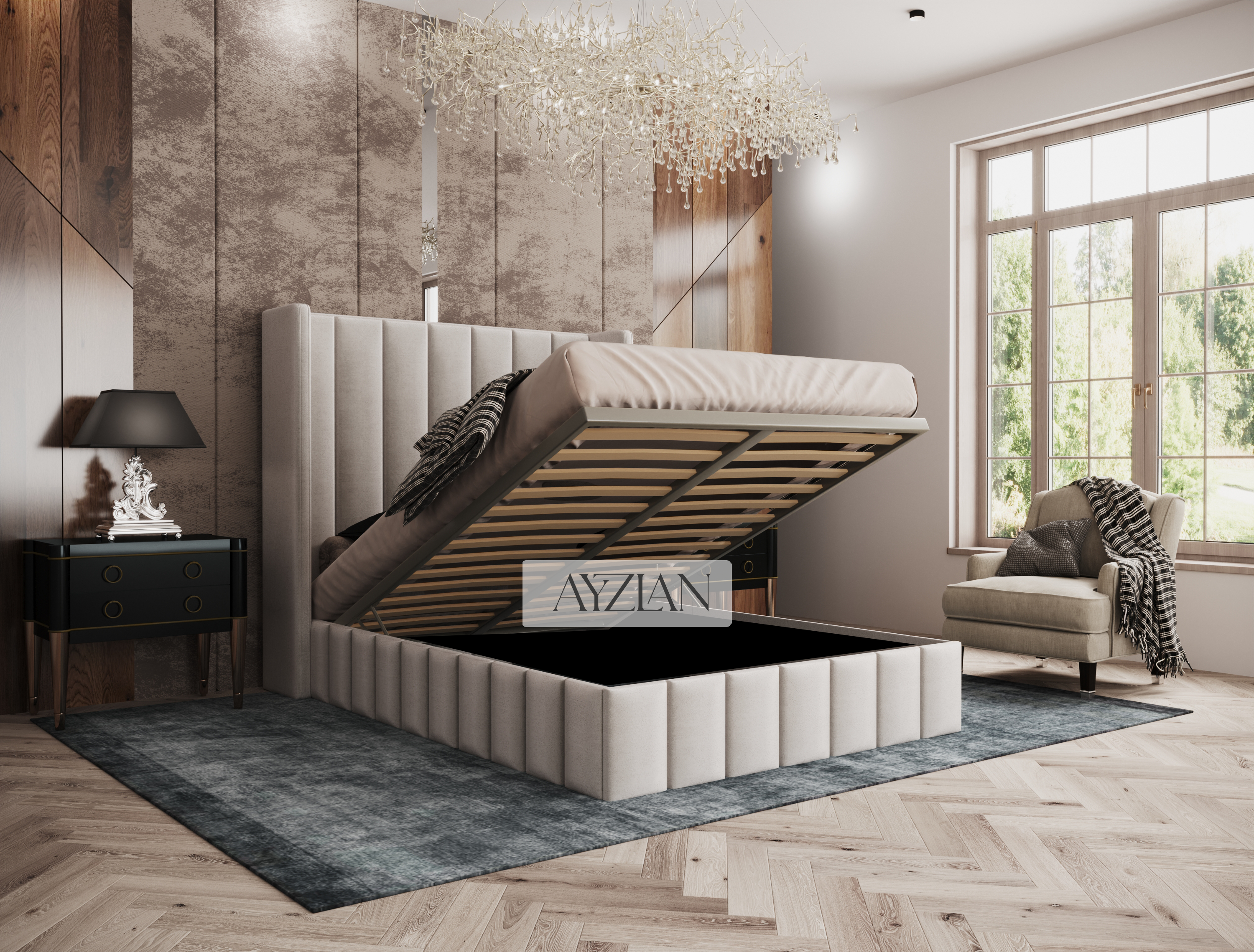Walden Tall Headboard Winged Stripe Bed