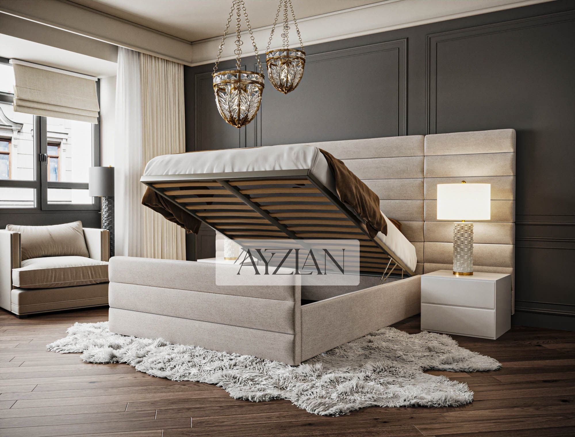 Alfie Wide Headboard Upholstered Line Panel Bed