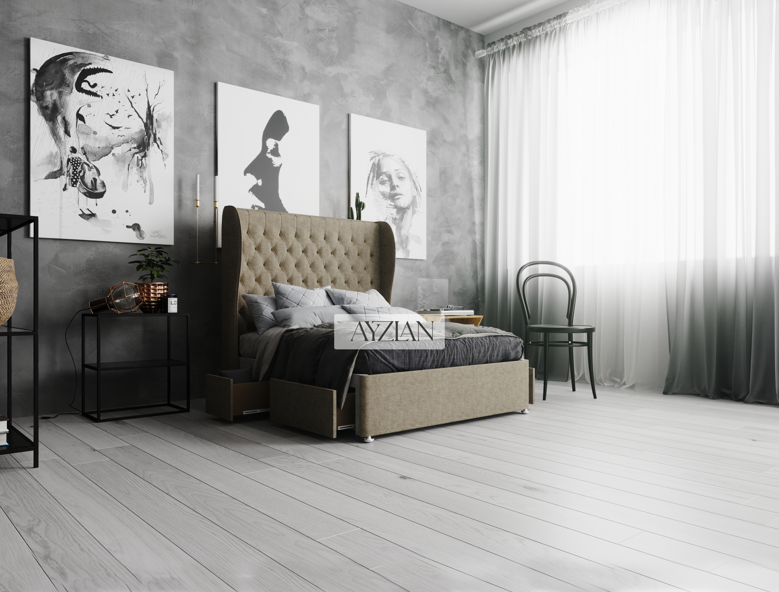 Cansus Curve Winged Divan Drawer Storage Bed