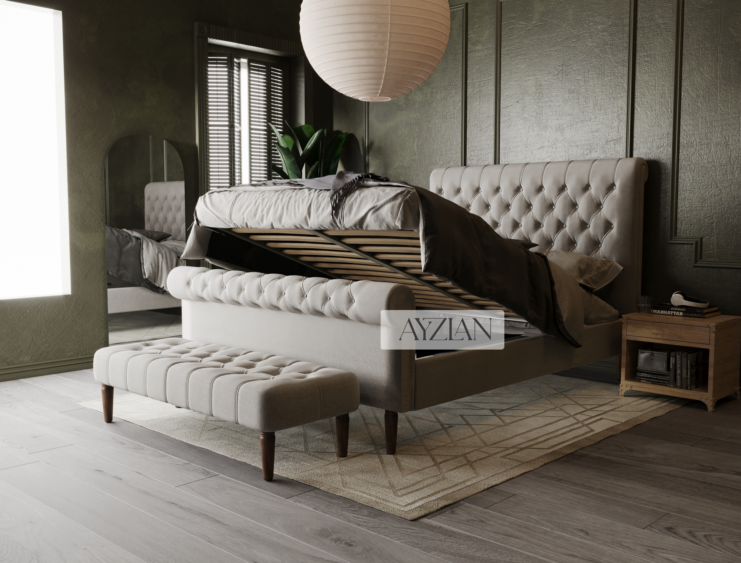 Zoe Chesterfield Scroll Sleigh Bed