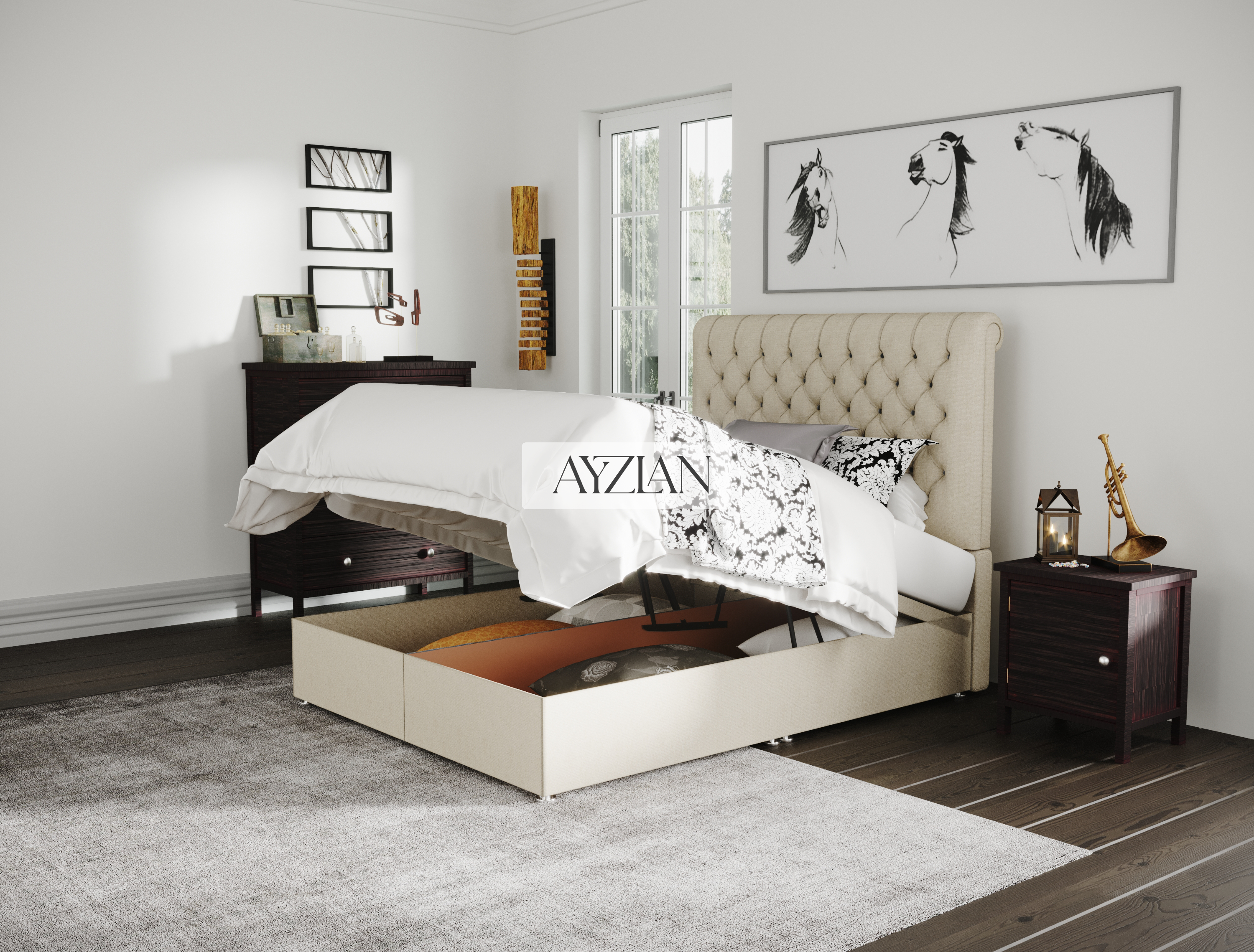 Lennon Chesterfield Sleigh Scroll Divan Ottoman Storage Bed