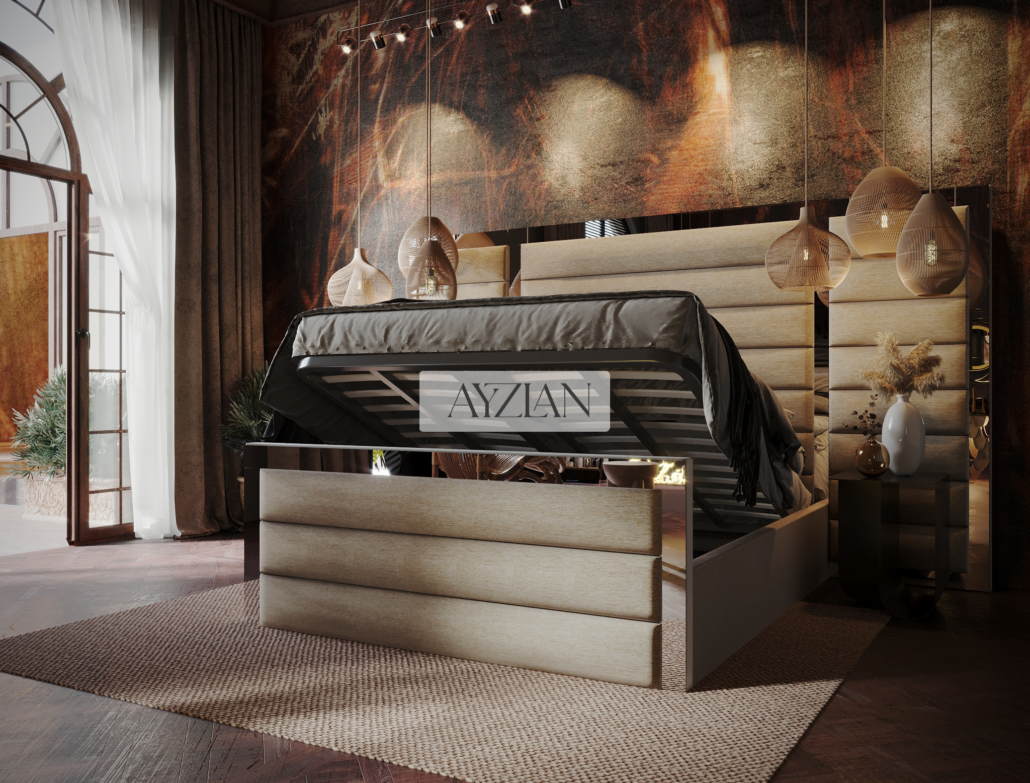 Devon Wide Extended Headboard Mirror Stripe Line Panelled Bed