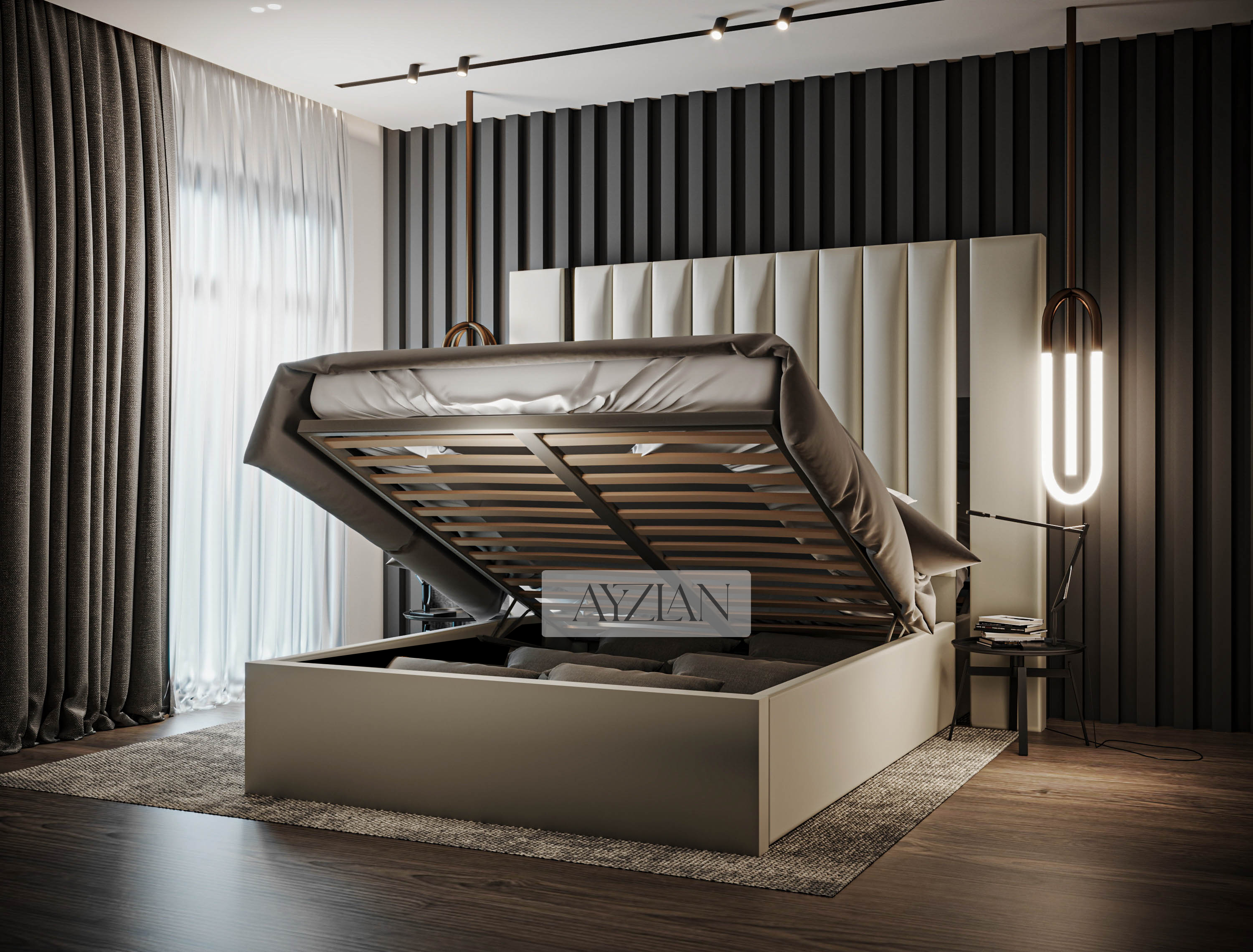 Arden Wide Extended Headboard Mirror Stripe Panelled Bed