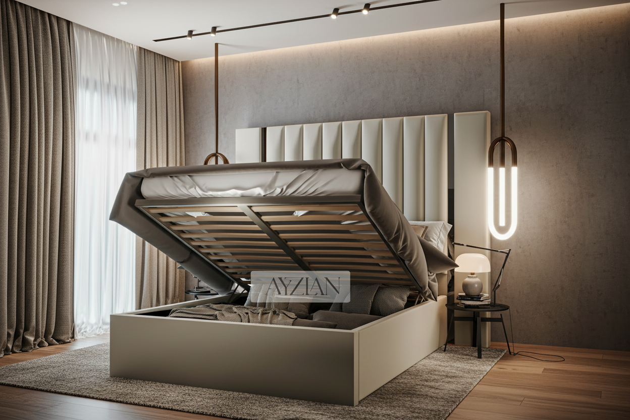 Arden Wide Extended Headboard Mirror Stripe Panelled Bed