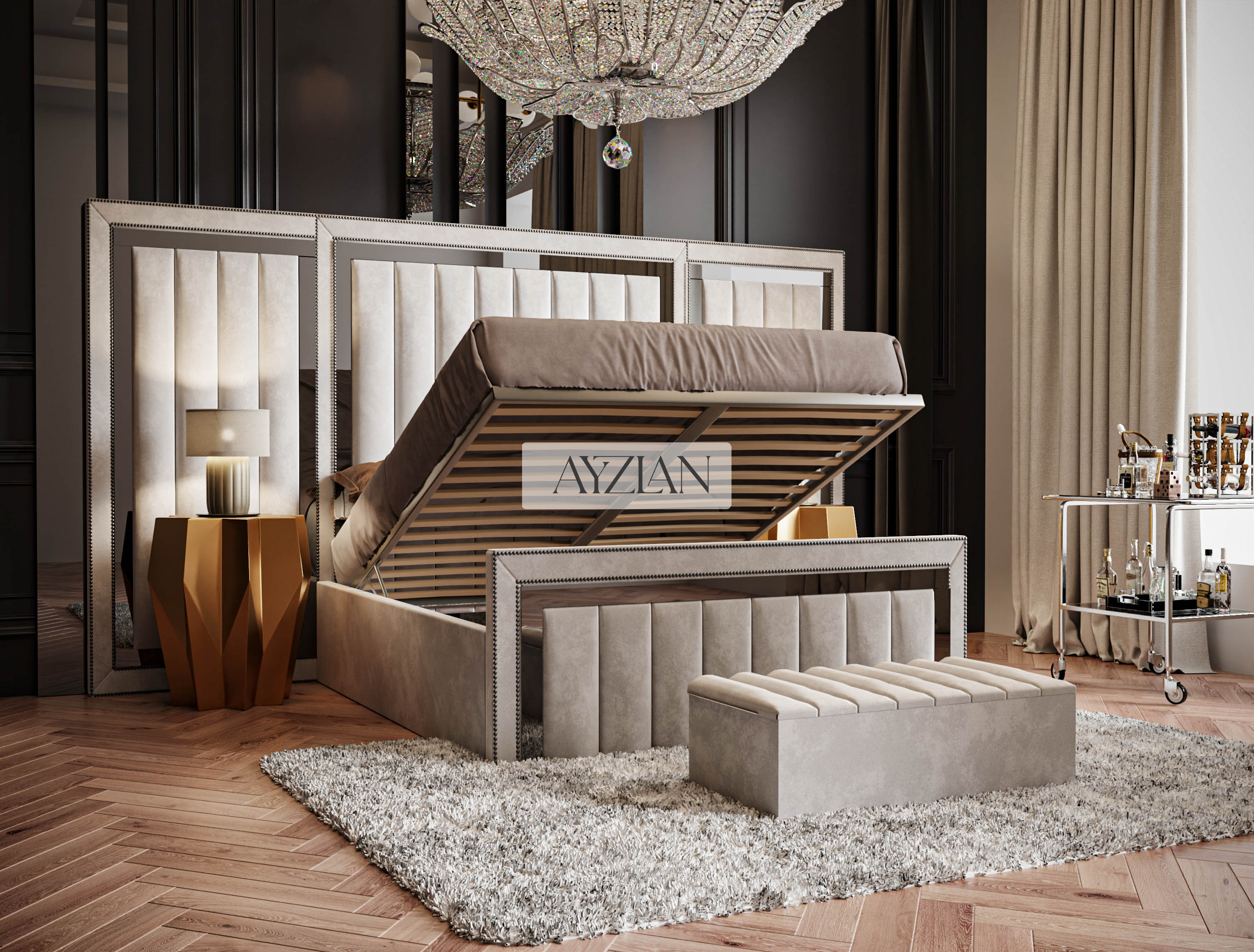 Madison Wide Extended Headboard Mirror Stripe Panelled Bed