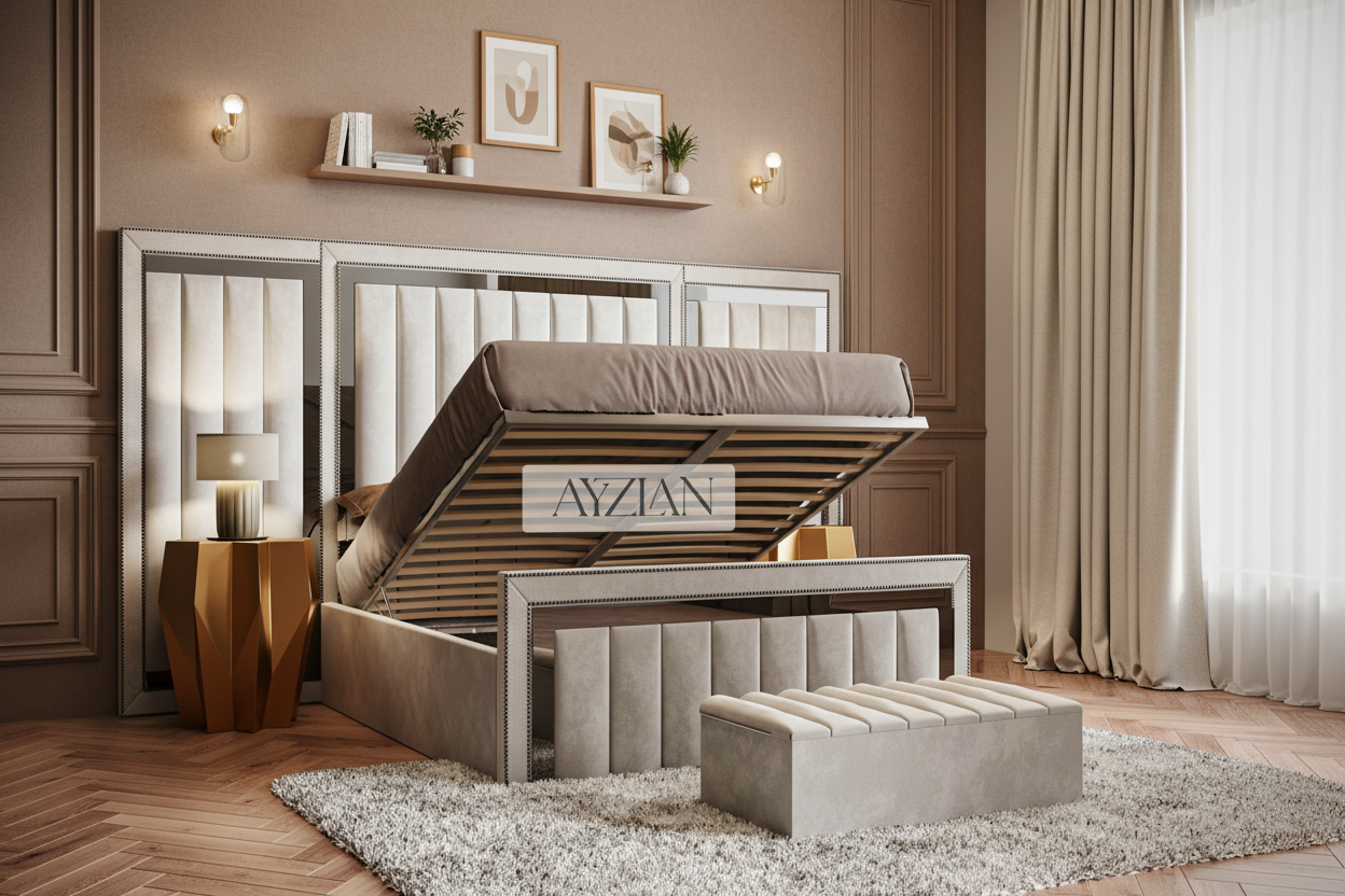 Madison Wide Extended Headboard Mirror Stripe Panelled Bed