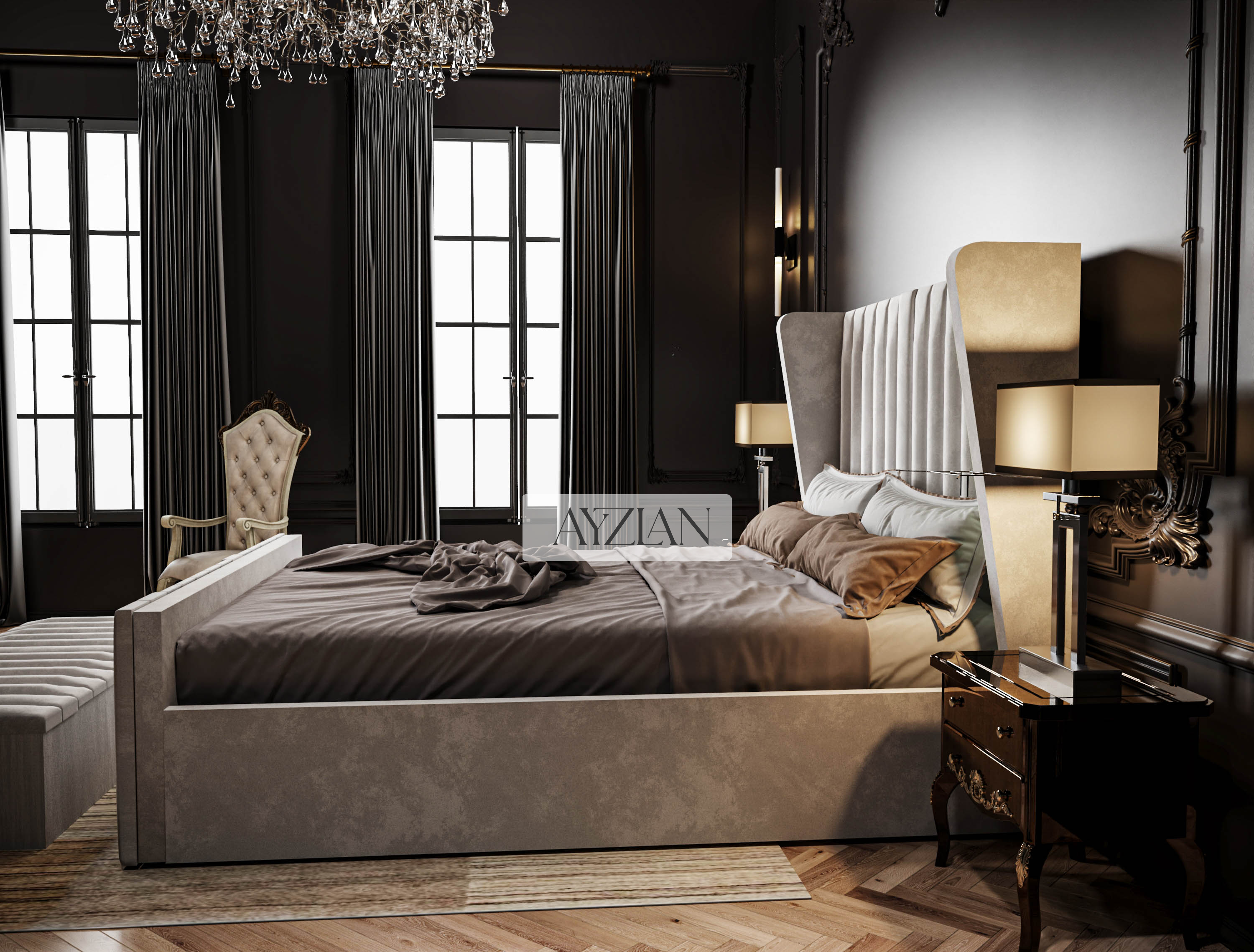 Curve Winged Dawn Stripe Panel Lined Bed