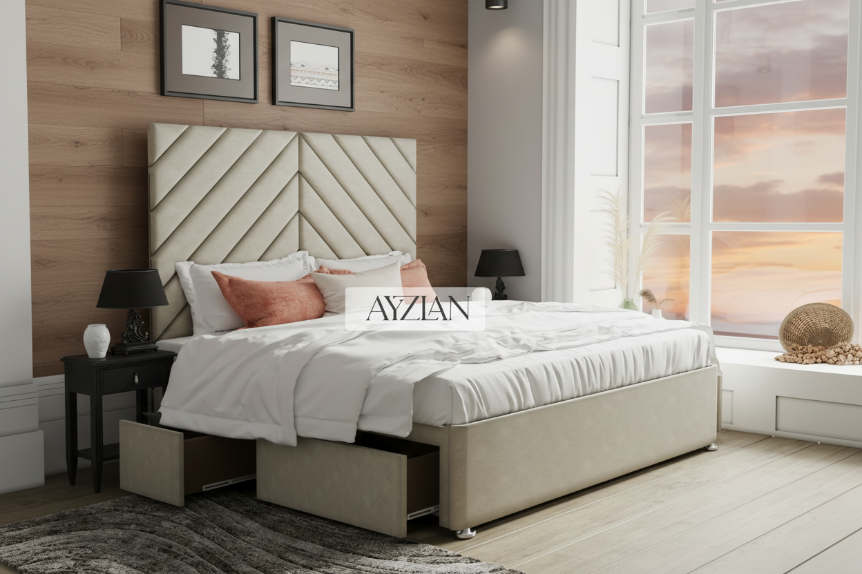 Sophia Chesterfield Cross Pane Wide Headboard Storage Drawer Divan Bed