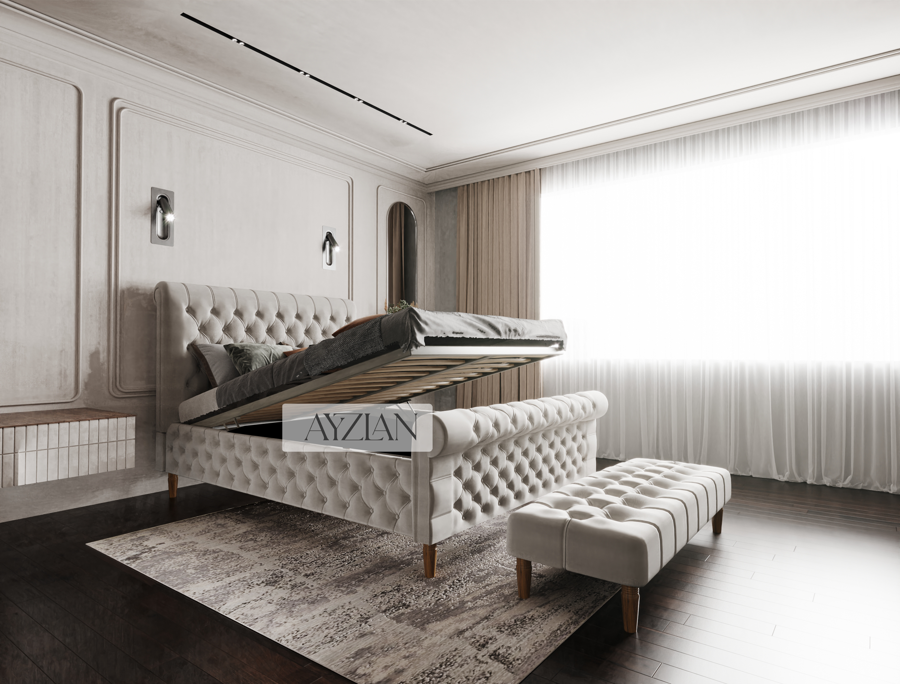 Dawson Upholstered Chesterfield Scroll Sleigh Bed
