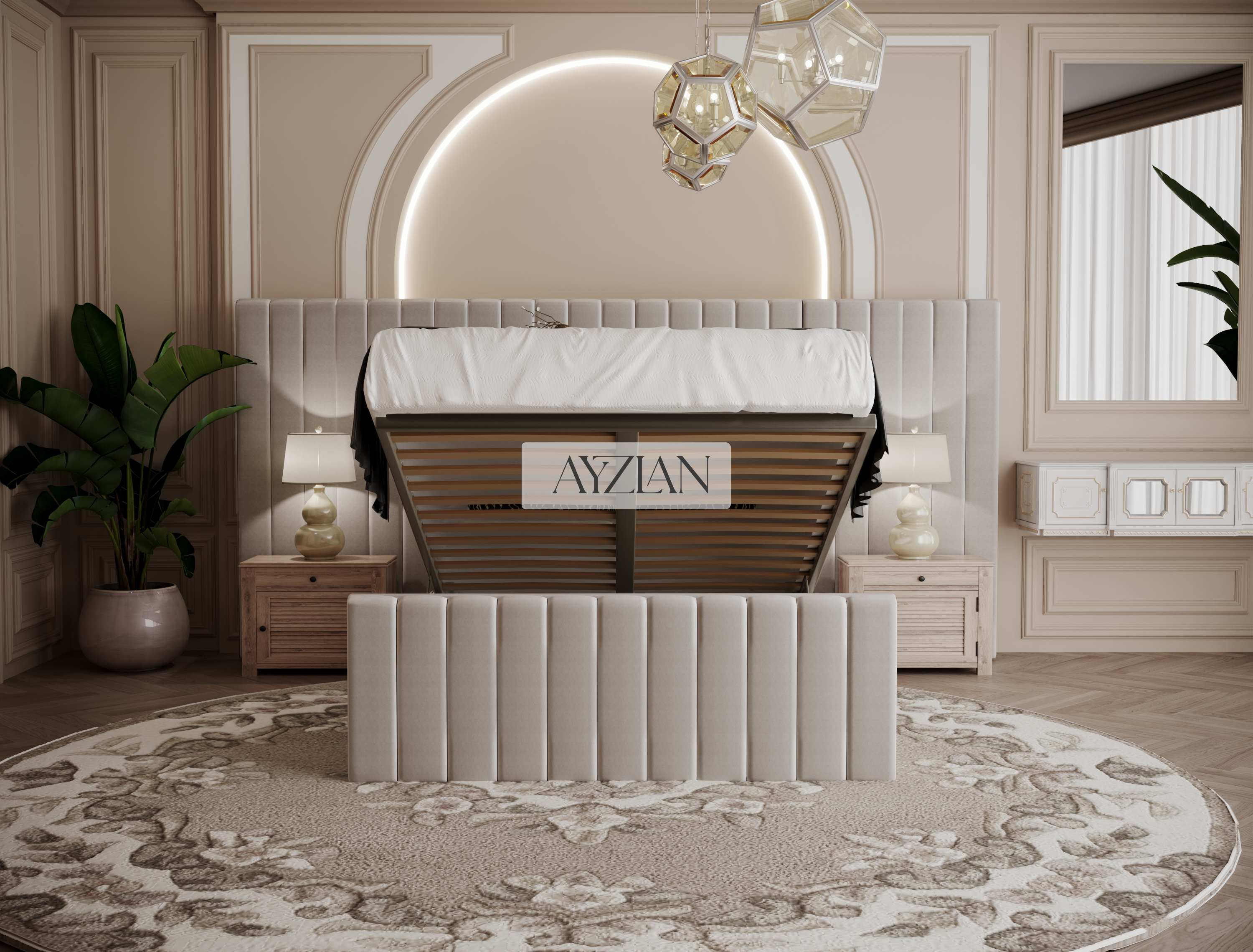 Merry Wide Headboard Panelled Stripe Bed