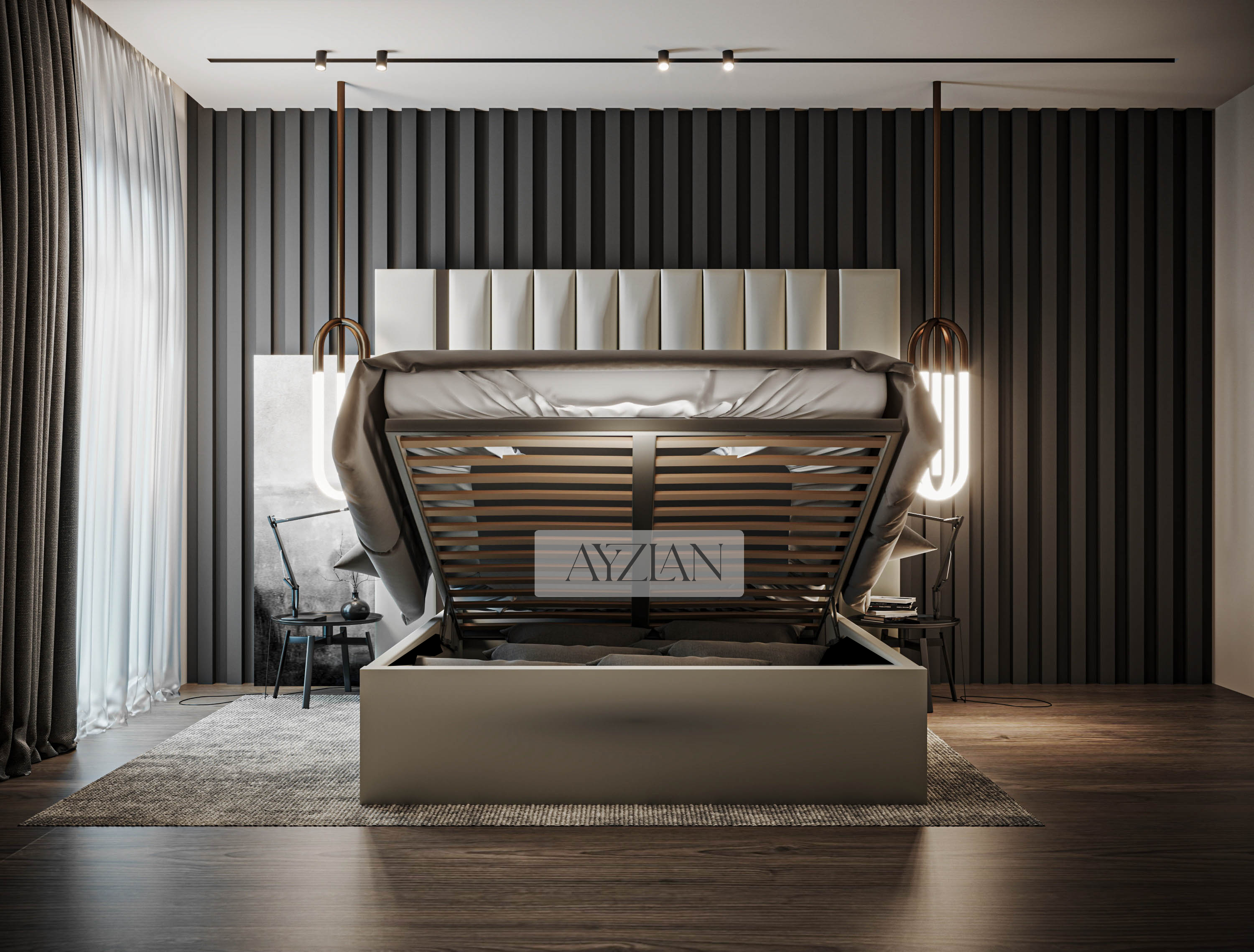 Arden Wide Extended Headboard Mirror Stripe Panelled Bed