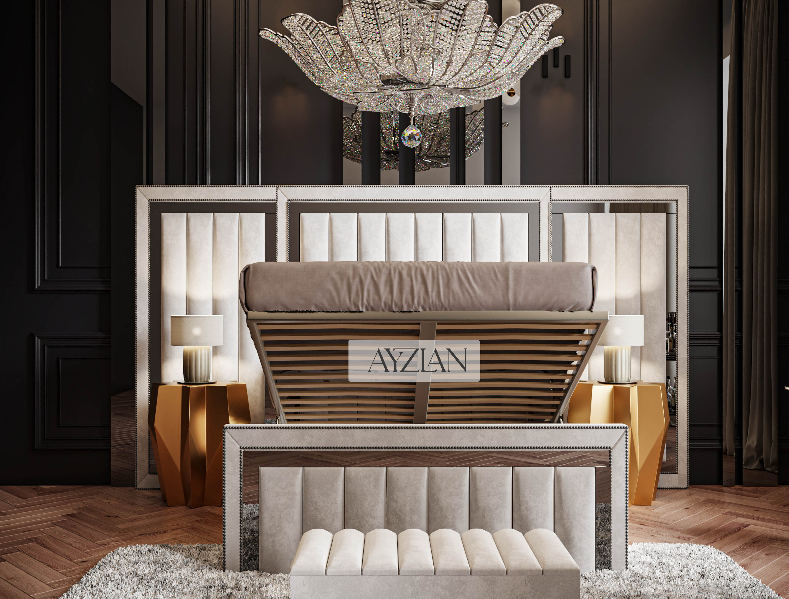 Madison Wide Extended Headboard Mirror Stripe Panelled Bed