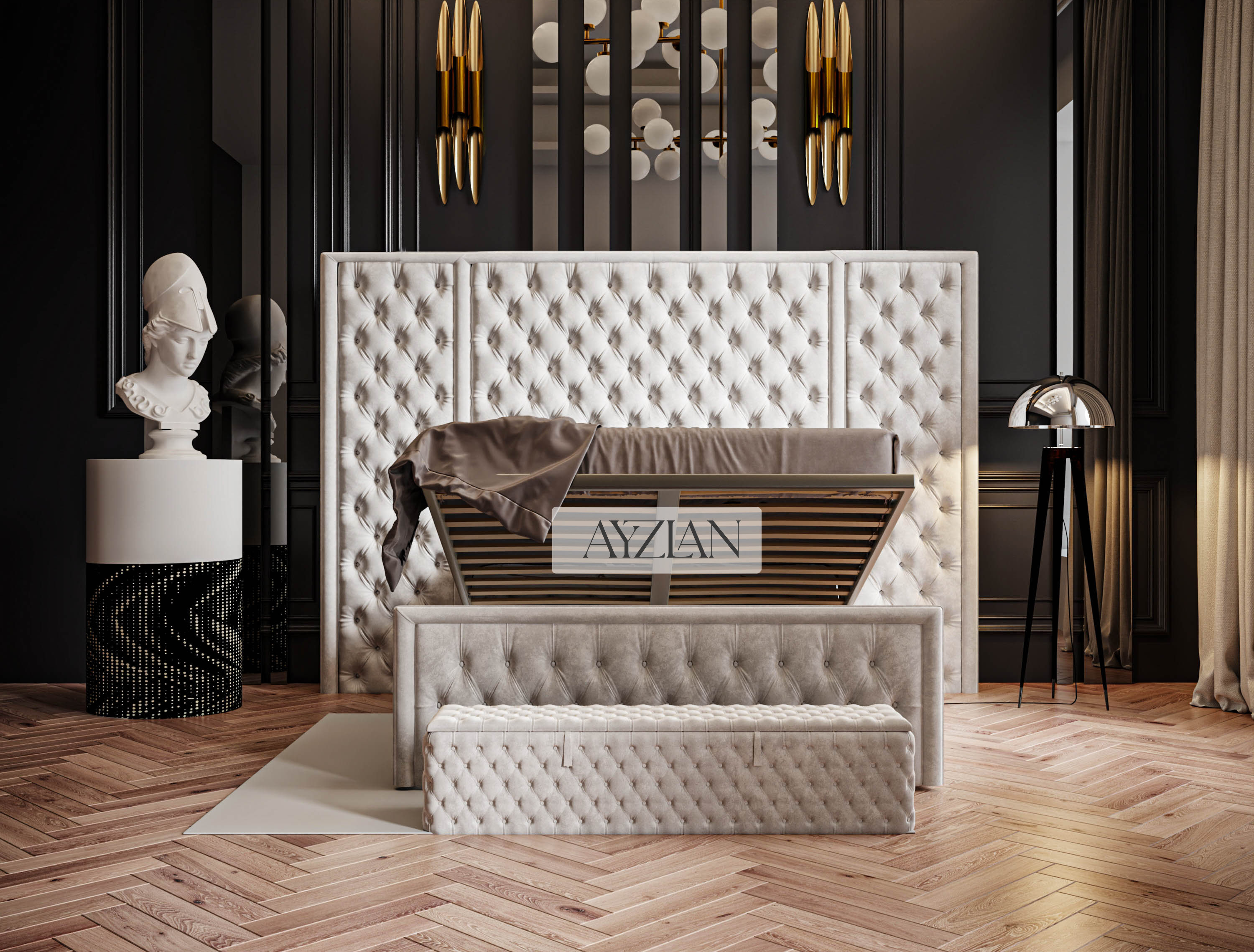 Stace Bumber Style Wide Headboard Fabric Chesterfield Bed