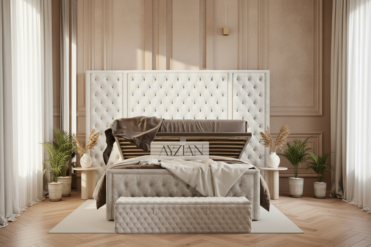 Stace Bumber Style Wide Headboard Fabric Chesterfield Bed