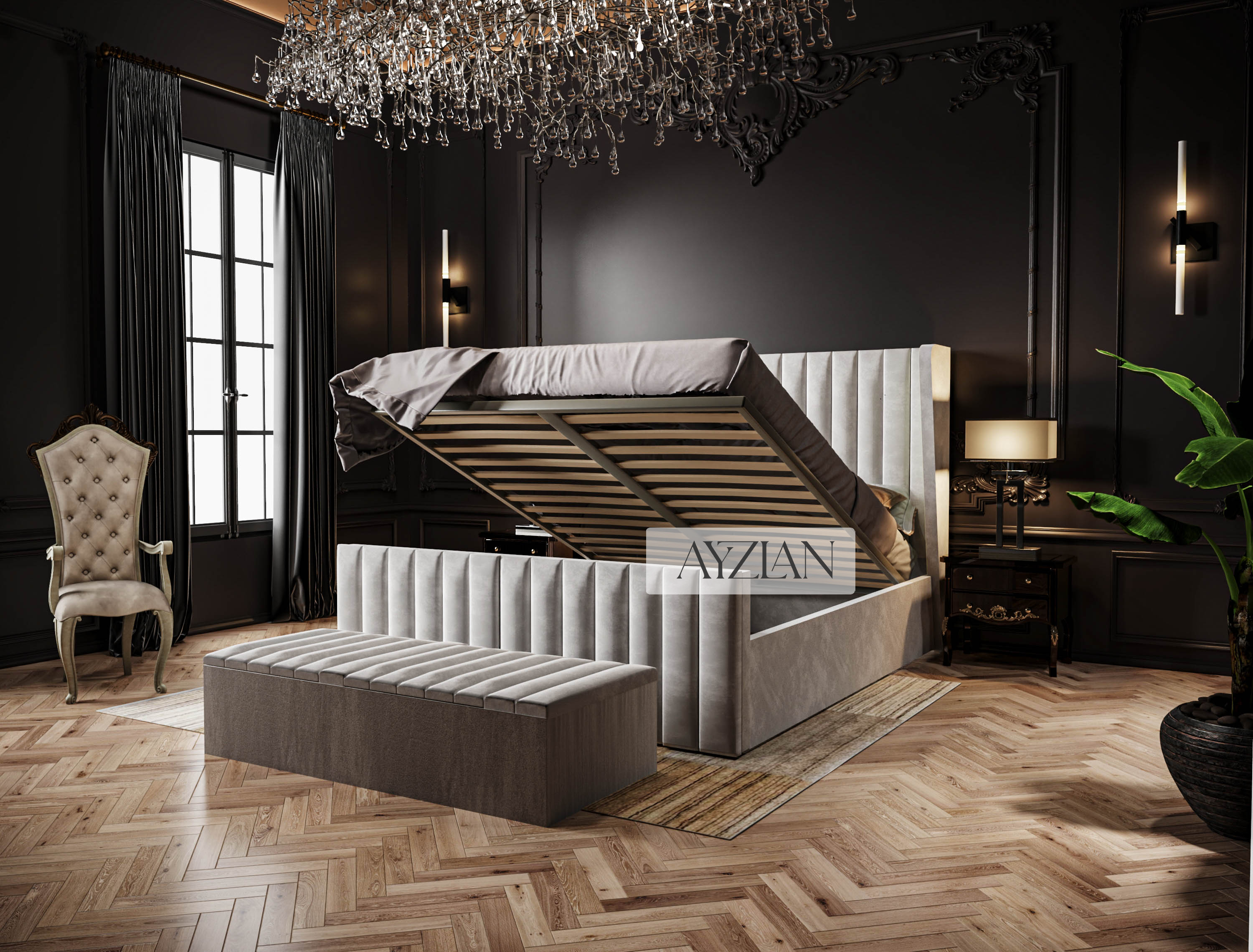 Curve Winged Dawn Stripe Panel Lined Bed