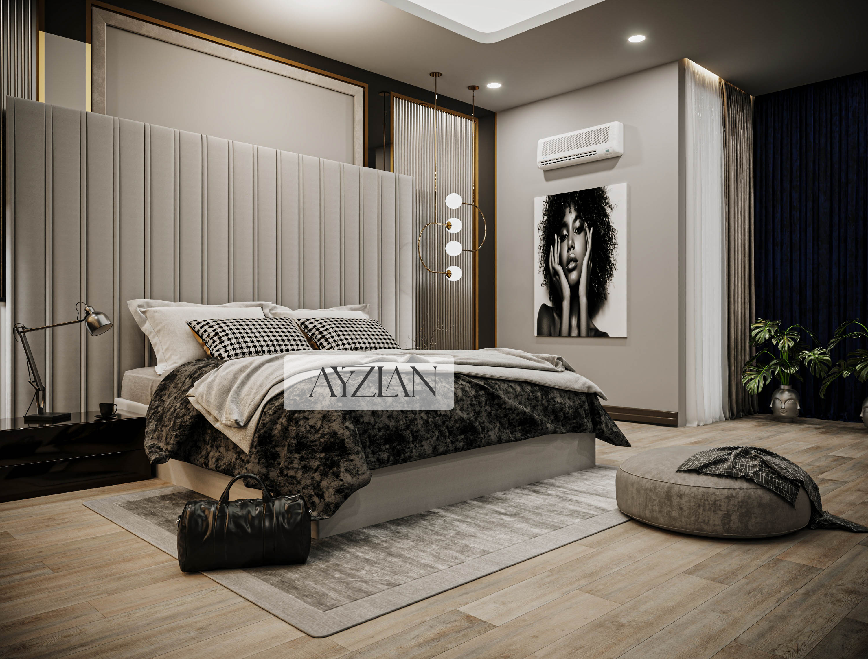 Alwin Wide Headboard Panel Stripe Bed