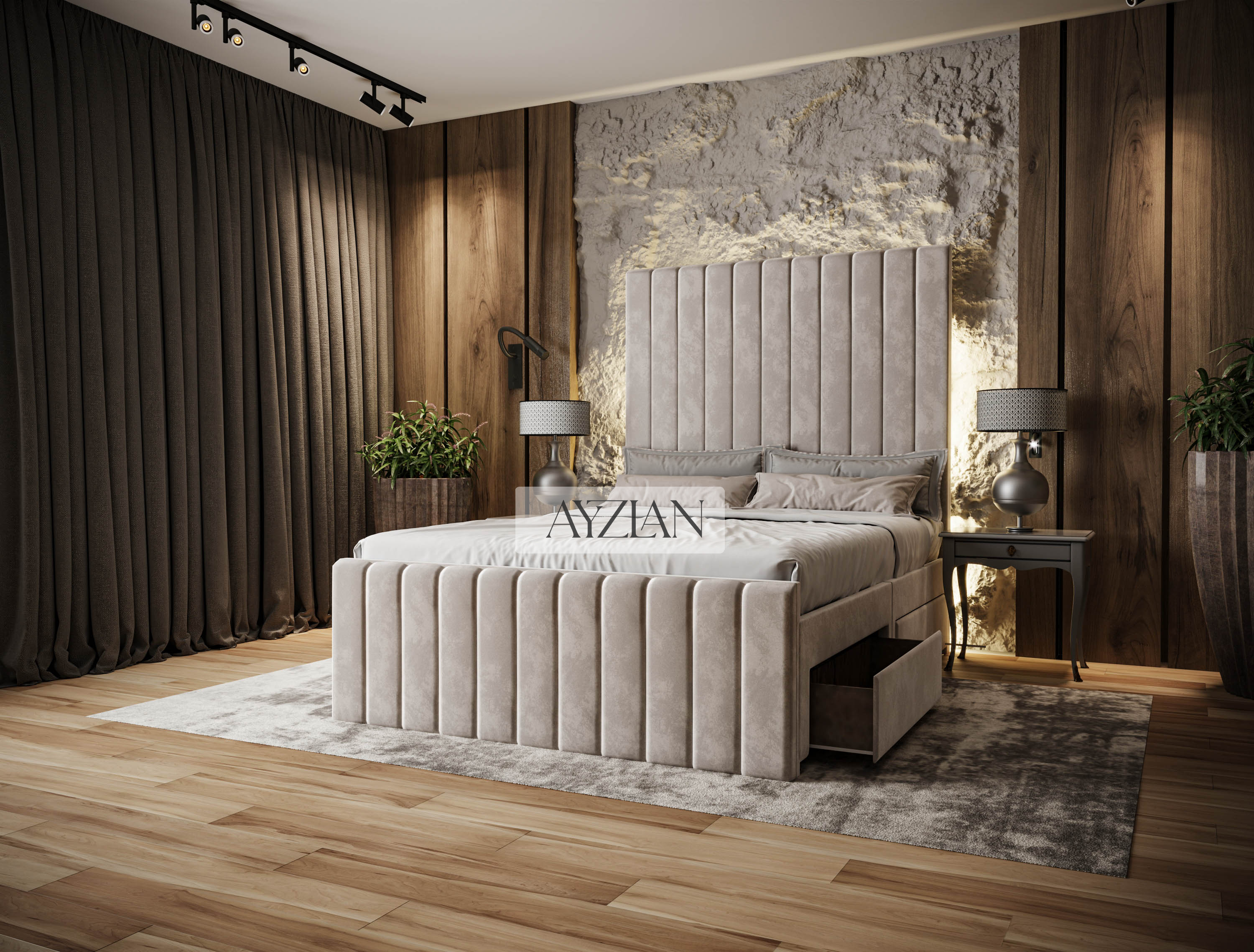 Merry Wide Headboard Panelled Stripe Storage Divan Drawer Bed