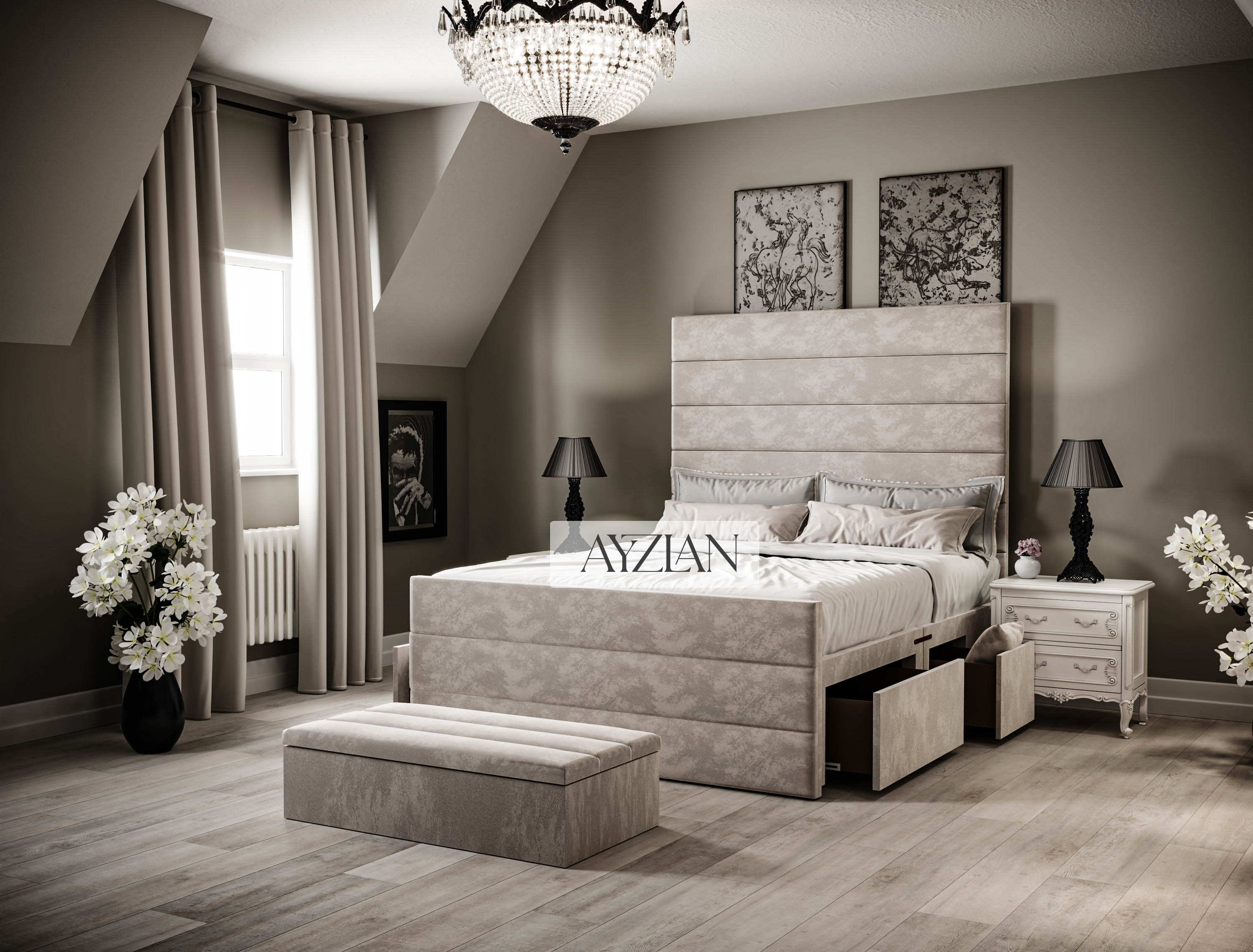 Willow Wide Headboard Upholstered Line Panel Storage Divan Drawer Bed