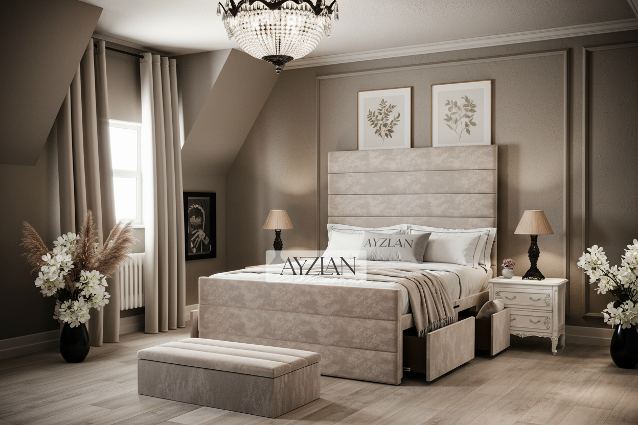 Willow Wide Headboard Upholstered Line Panel Storage Divan Drawer Bed