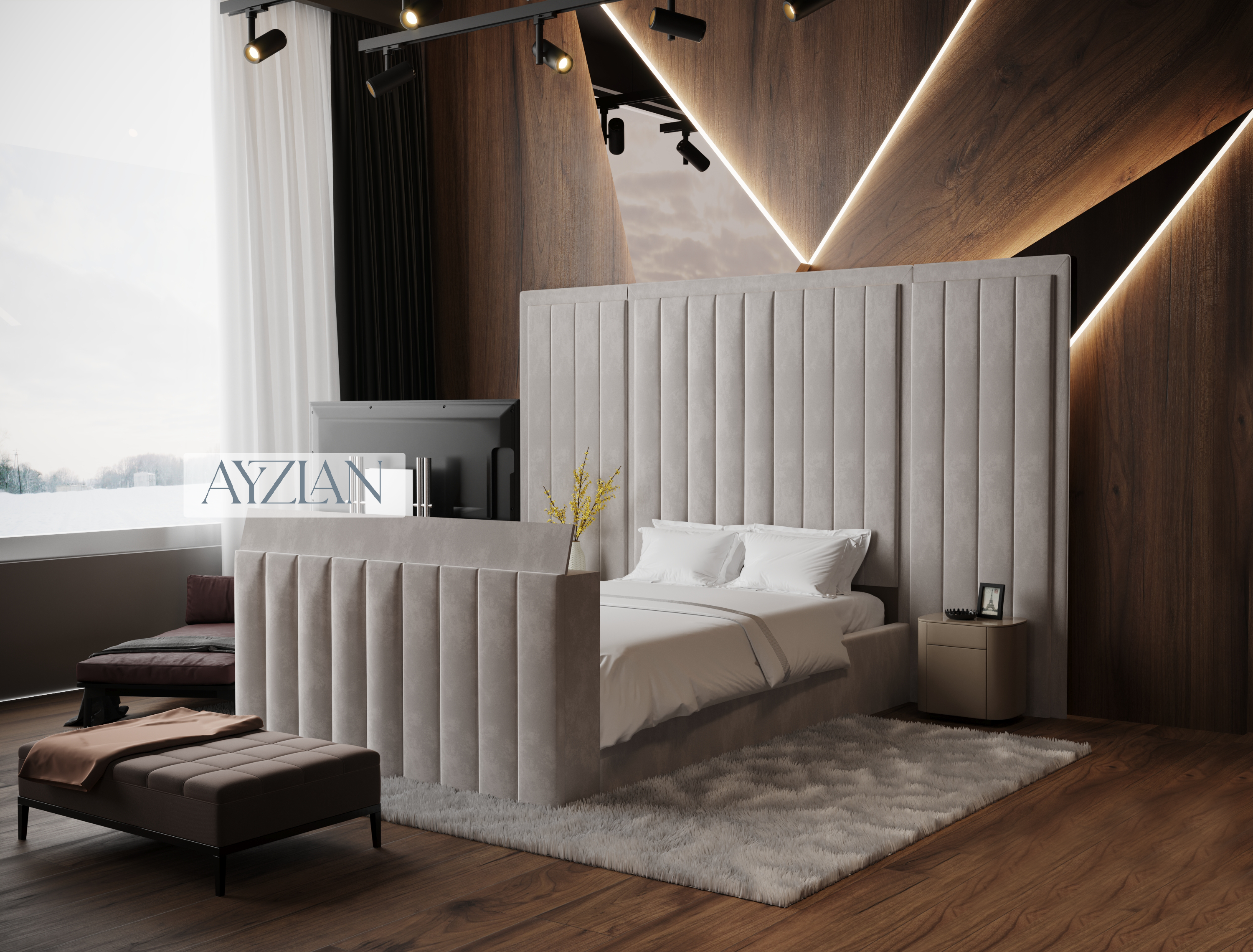 Silo Wide Headboard Panelled Stripe Tv Bed