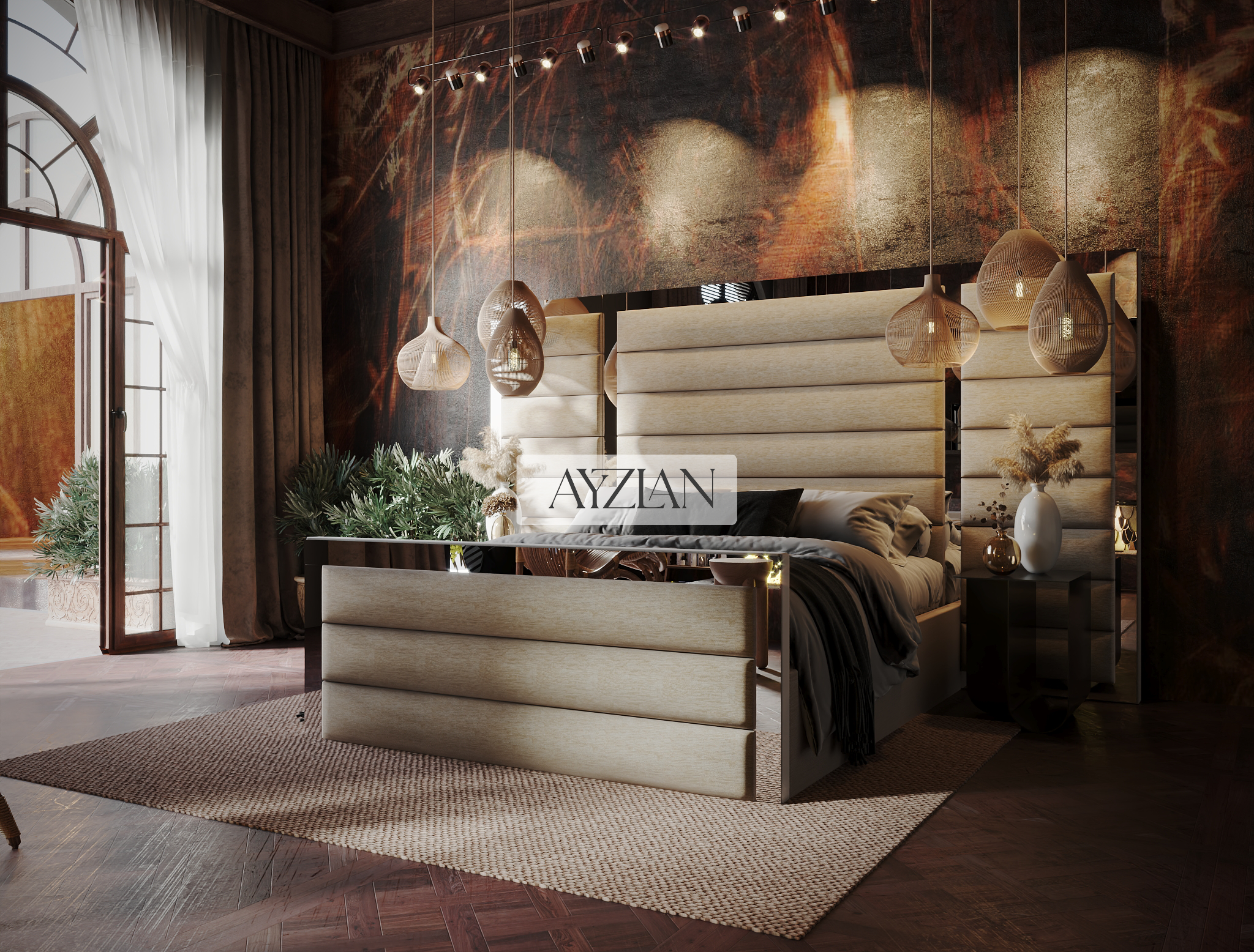 Devon Wide Extended Headboard Mirror Stripe Line Panelled Bed