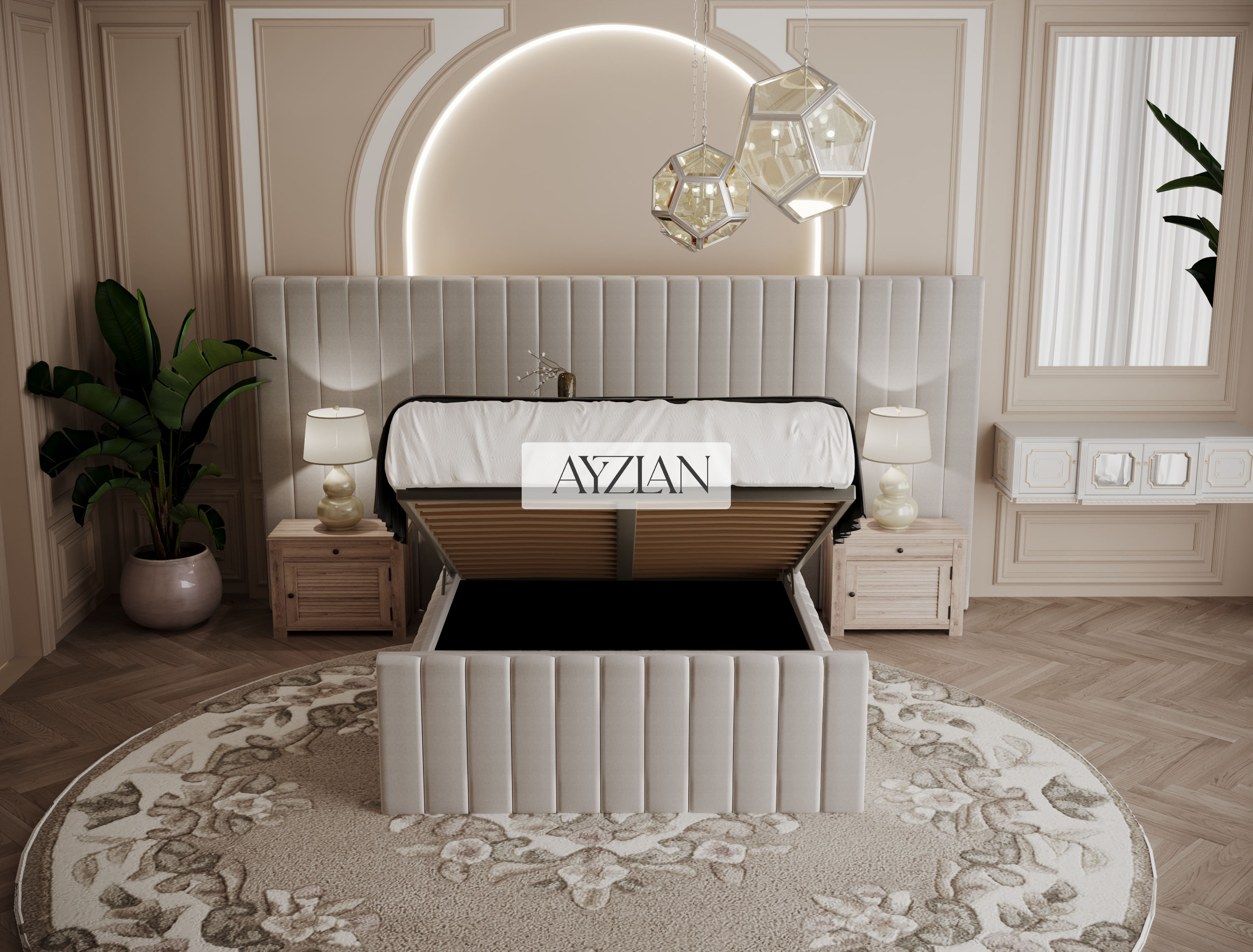 Merry Wide Headboard Panelled Stripe Bed
