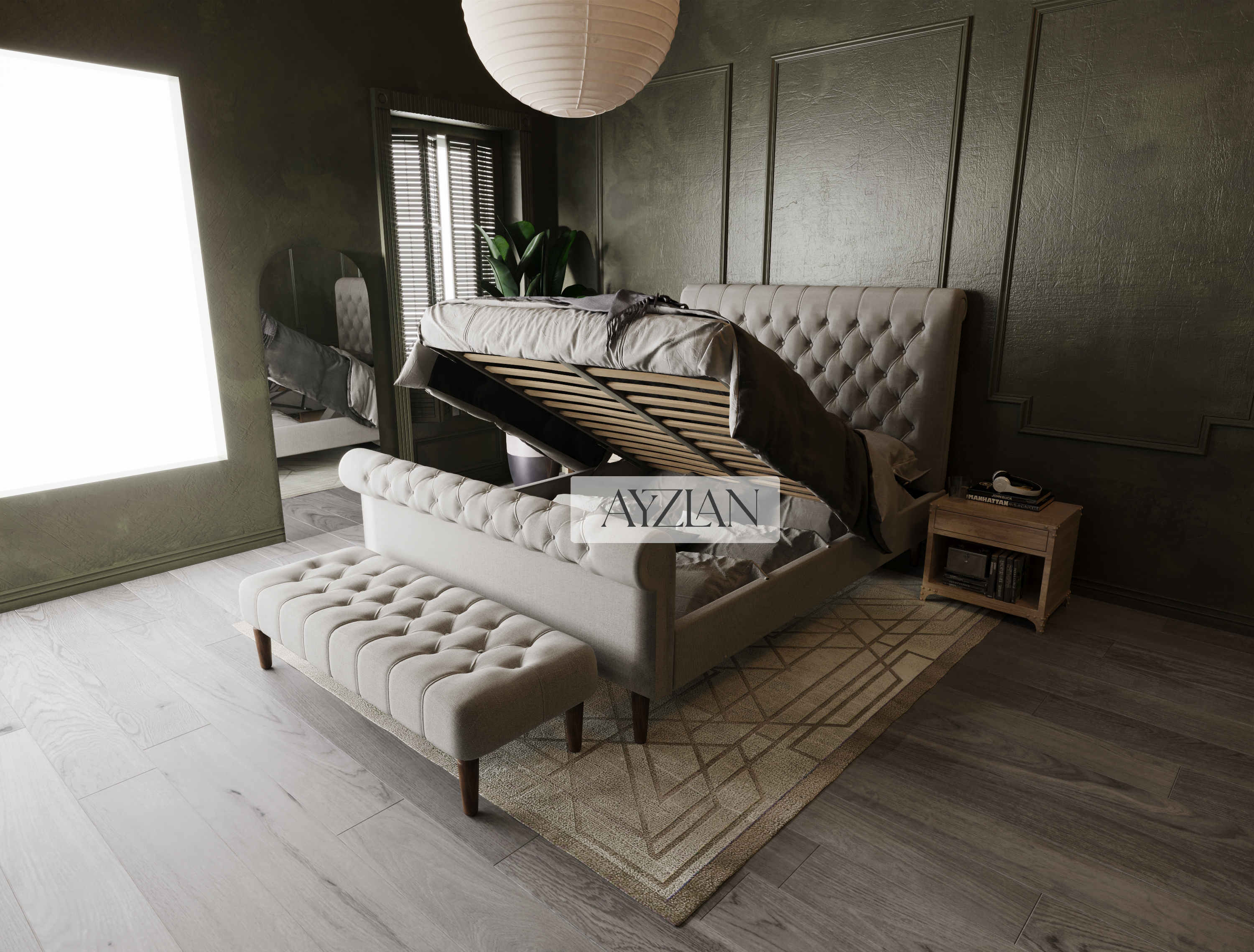 Zoe Chesterfield Scroll Sleigh Bed