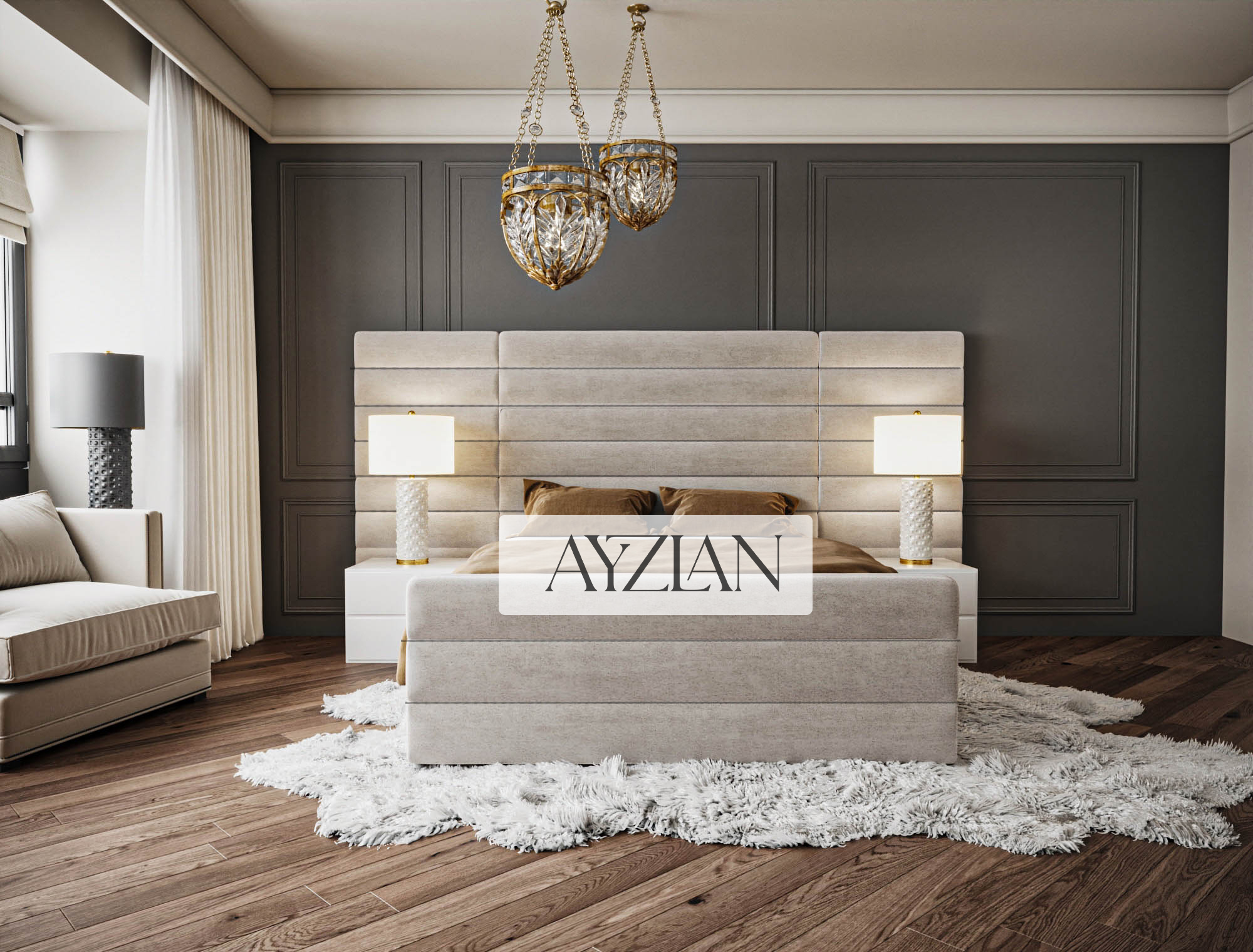 Alfie Wide Headboard Upholstered Line Panel Bed
