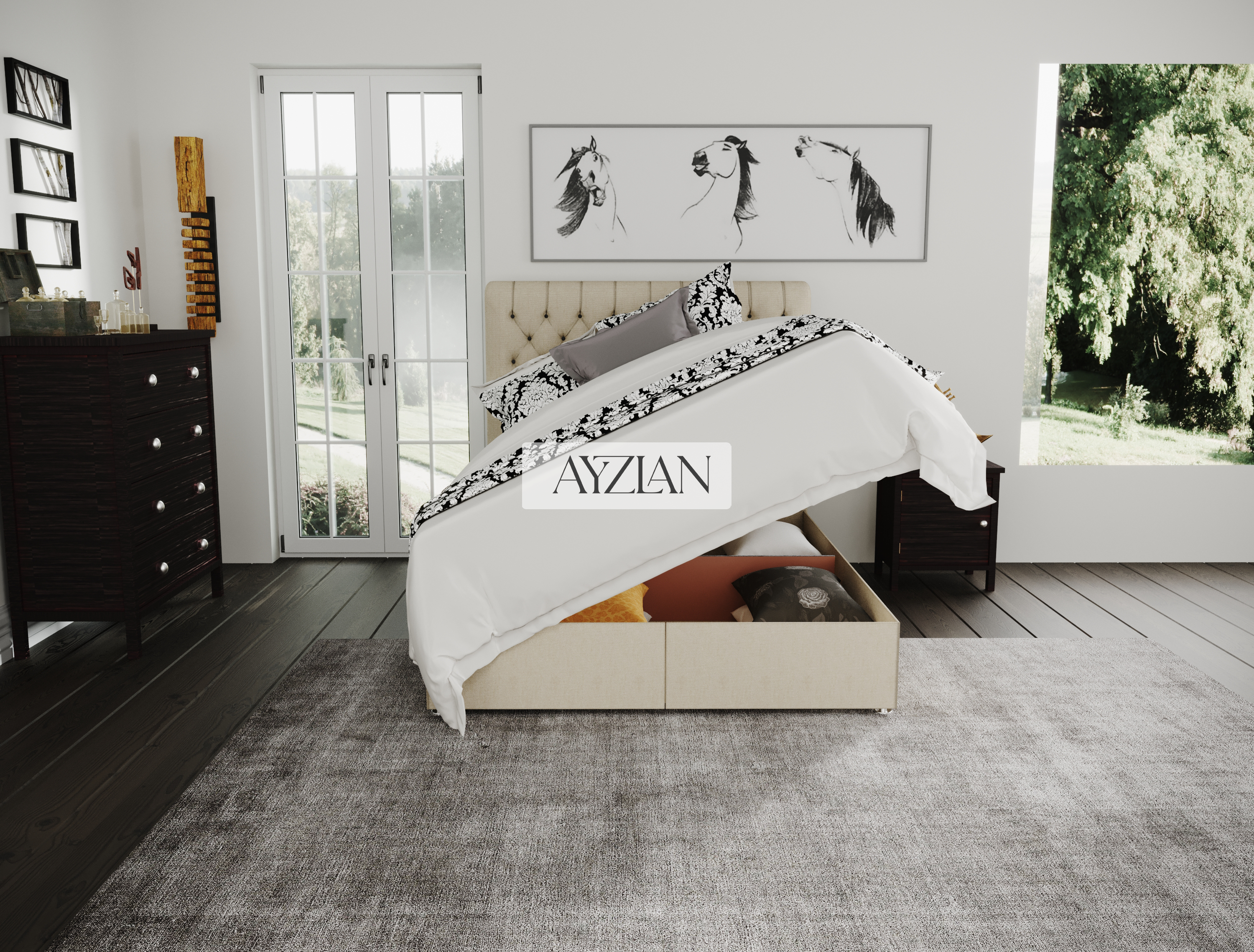 Lennon Chesterfield Sleigh Scroll Divan Ottoman Storage Bed